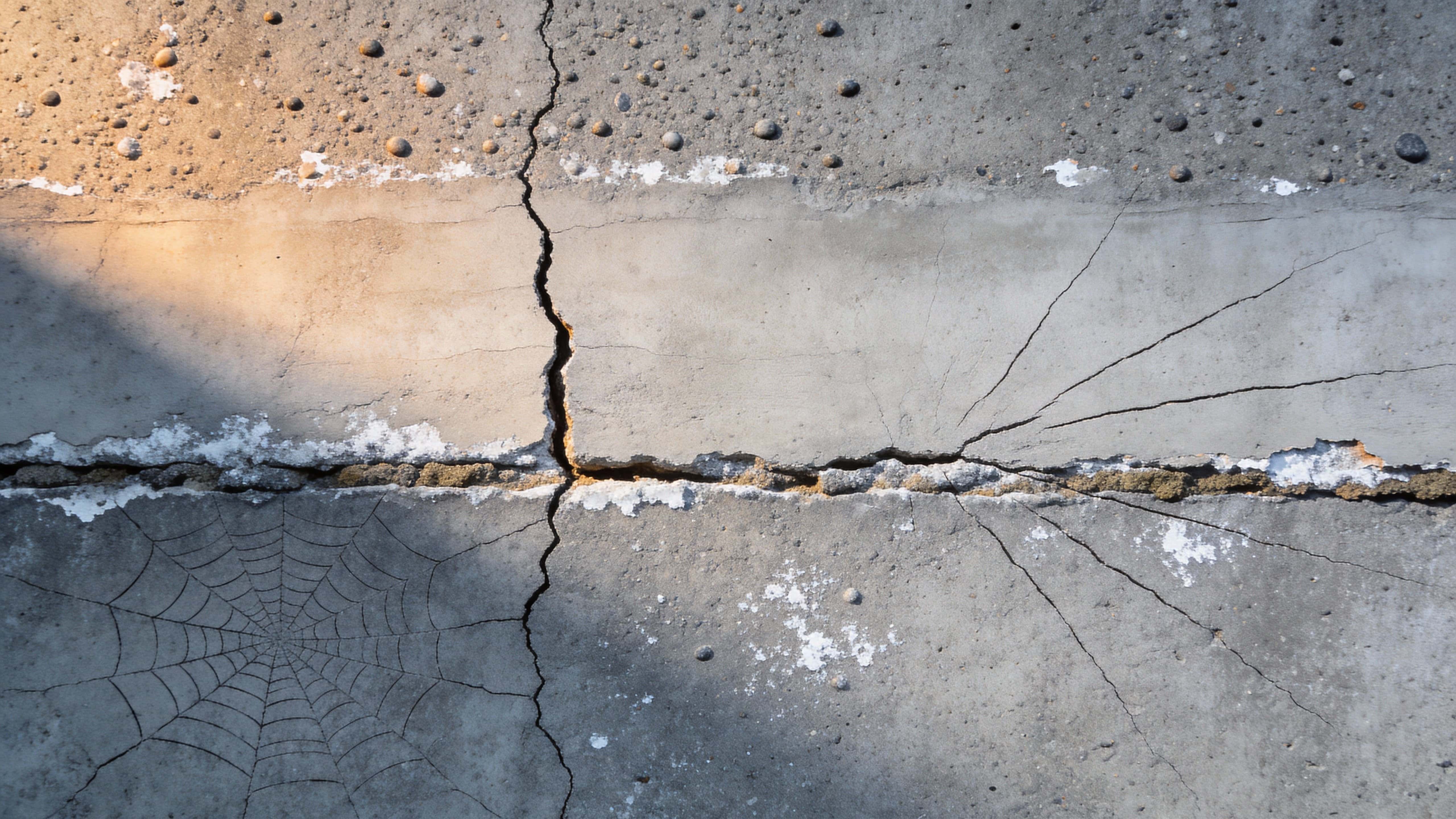 Tight 16:9 photograph of a cracked concrete wall rendered as an abstract texture study with soft side light, subtle warmth, and horizontal crop for wallpaper use.