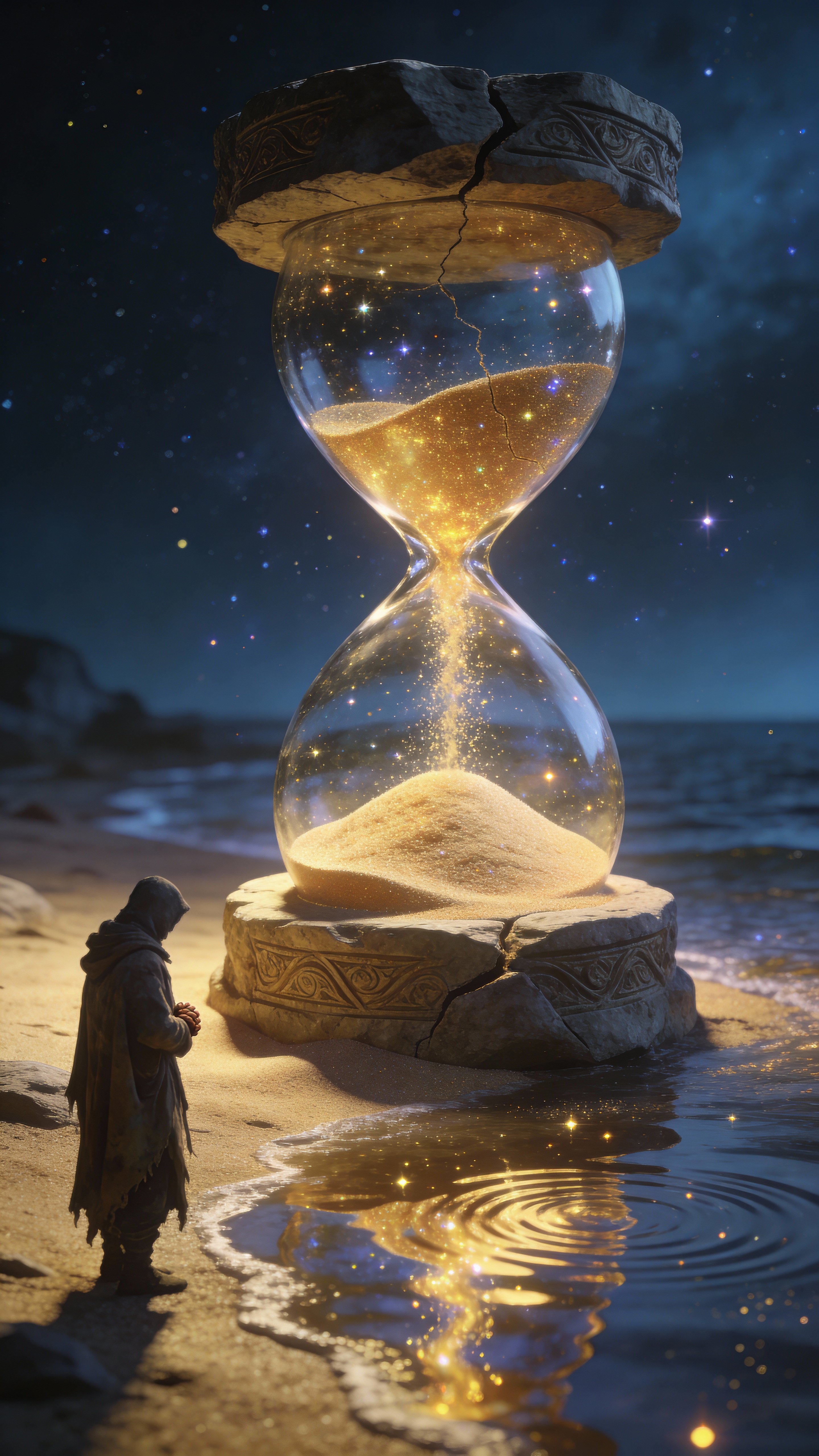 A cracked stone hourglass leaks golden cosmic sand that drifts like stardust above a reflective shoreline while a solitary traveler watches, creating a symbolic, poetic cinematic fantasy in a tall 9:16 frame.
