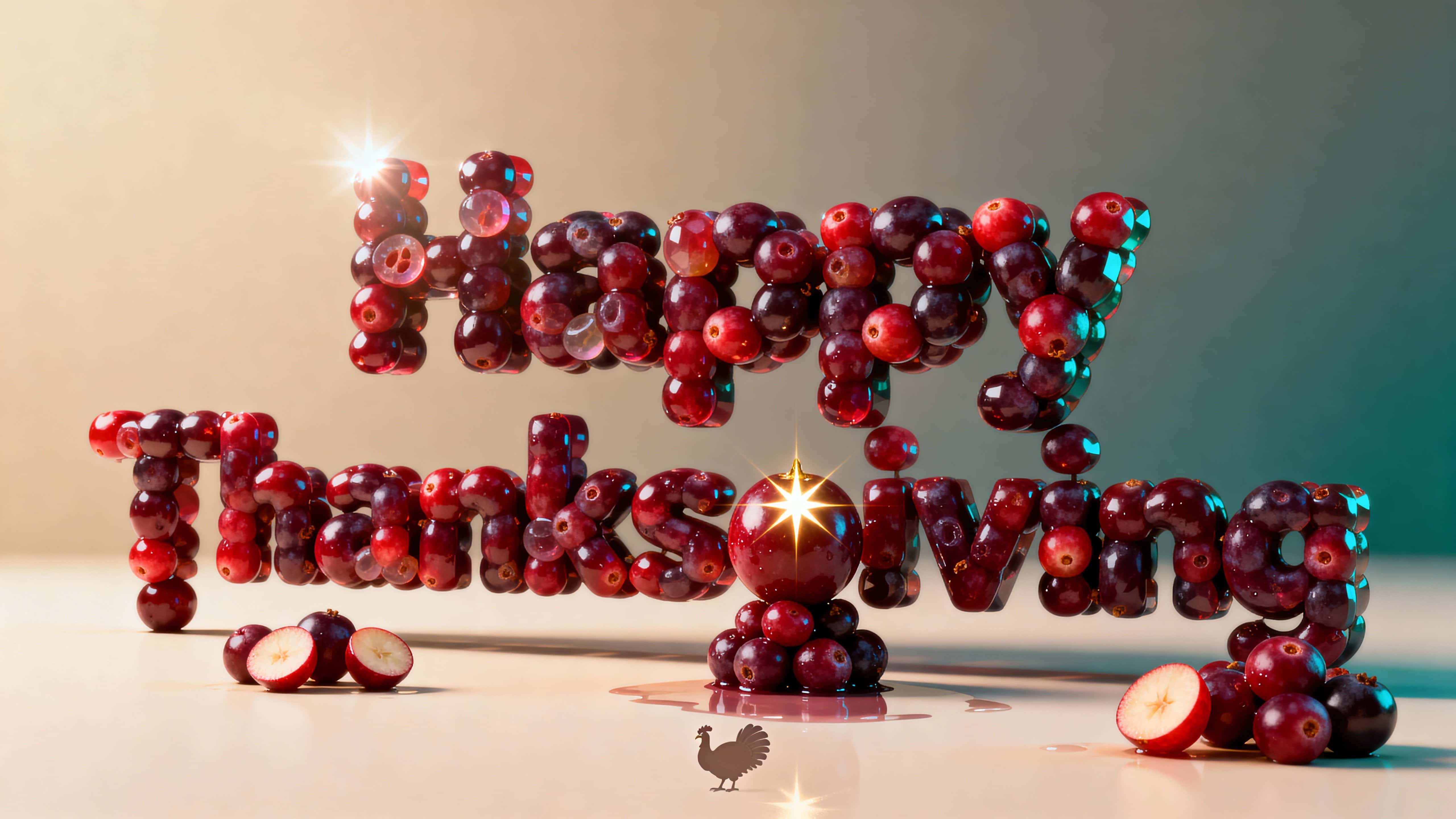 A cinematic 16:9 scene of “Happy Thanksgiving” formed from glossy, tightly packed cranberry spheres in ruby and wine tones on a warm off-white plane with condensation, selective focus, and a tiny hidden turkey silhouette.