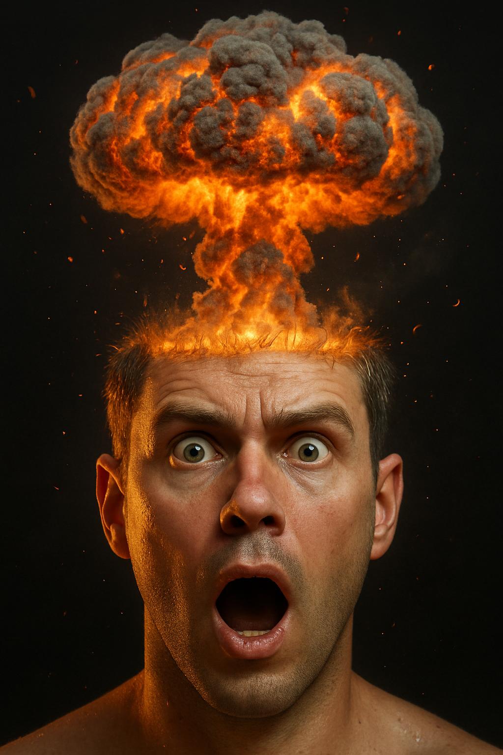 A single floating male head dominates a vertical frame as an atomic mushroom cloud erupts from the exposed scalp, every hair and expression line amplifying the blast. Hyperreal skin detail meets ash and glowing embers, rim-lit against a near-black void for a visceral, shocking revelation.