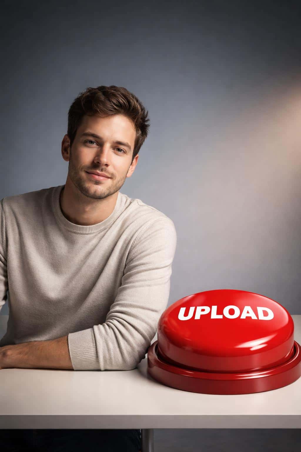 Creator seated in a minimal studio beside a giant glossy red 'UPLOAD' button, photographed in a clean editorial style and framed for a vertical poster-cover composition with soft lighting.