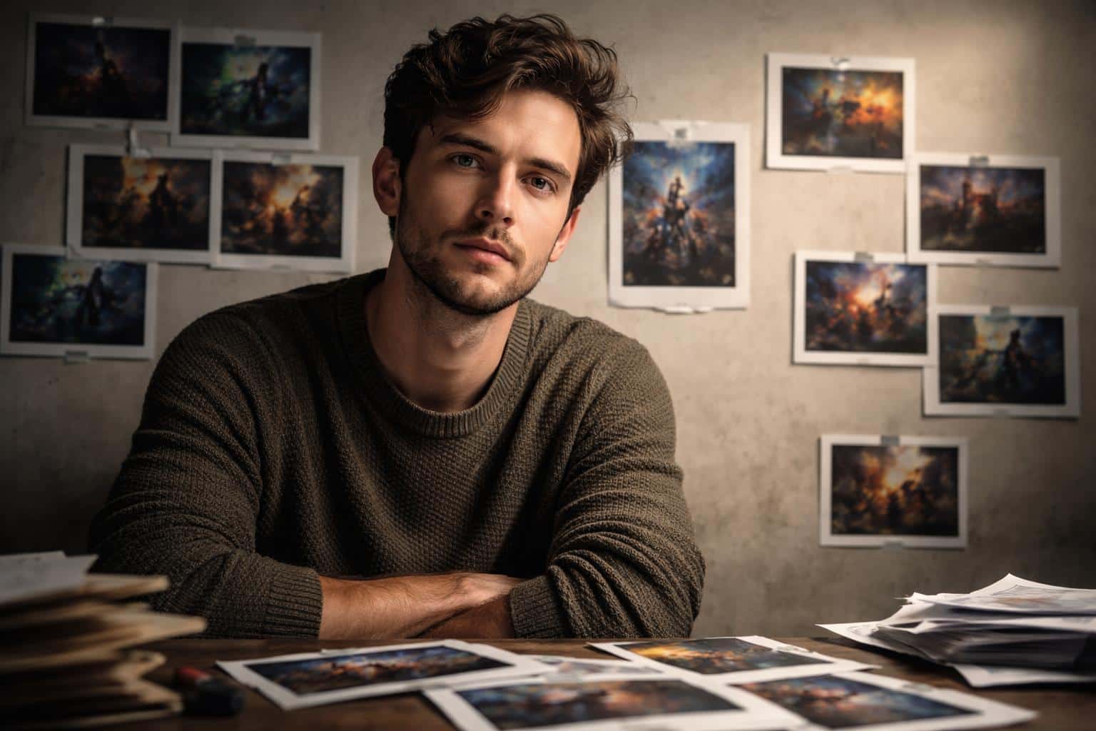 Editorial photography of a creator amid a scatter of failed YouTube thumbnails, composed and lit for a 3:2 layout suitable for social-post or feature image.