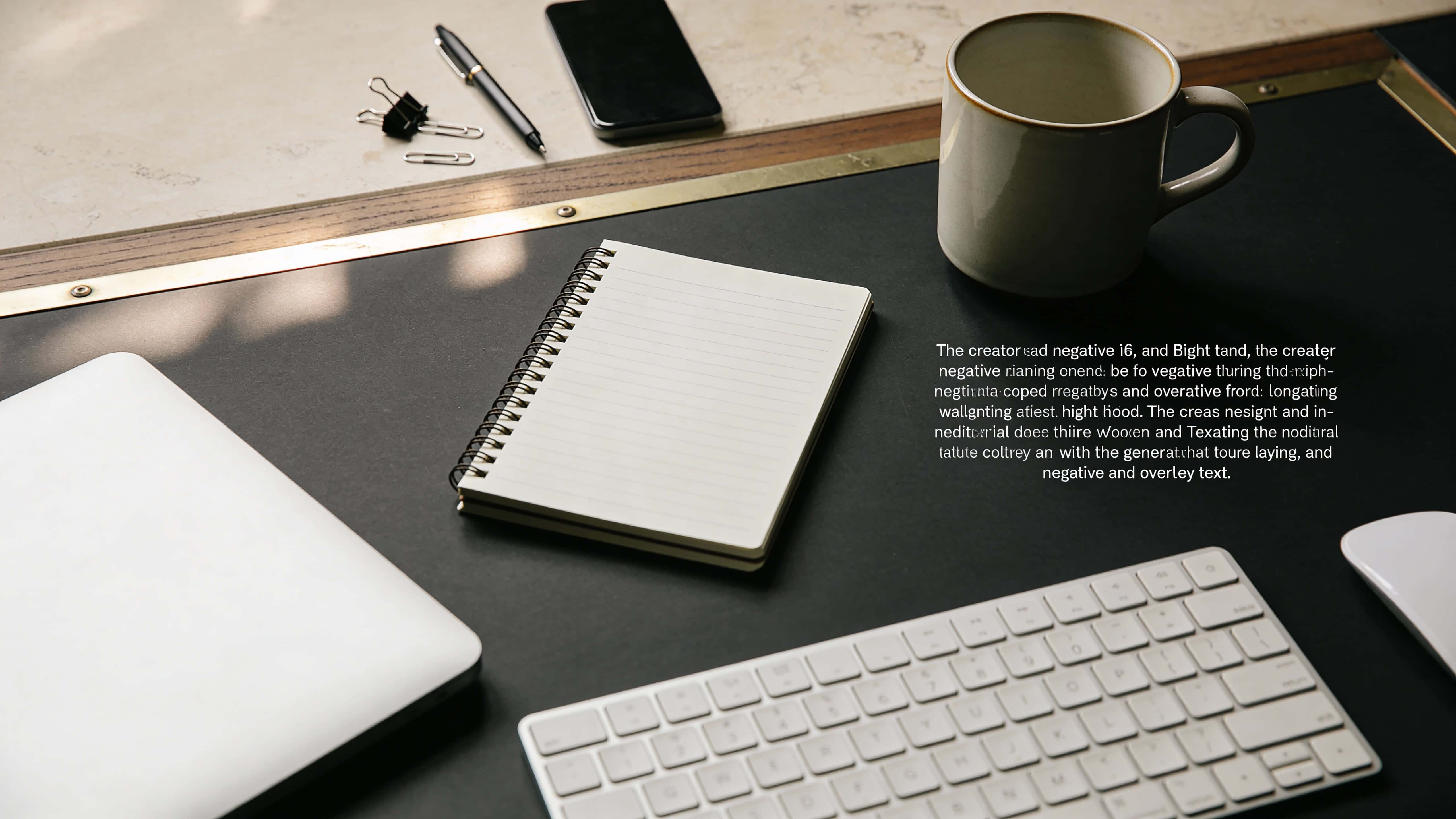 Minimal creator workspace flat lay photographed as a 16:9 wallpaper-style composition, with clean negative space, tactile materials, and soft diffuse lighting for a serene mood.