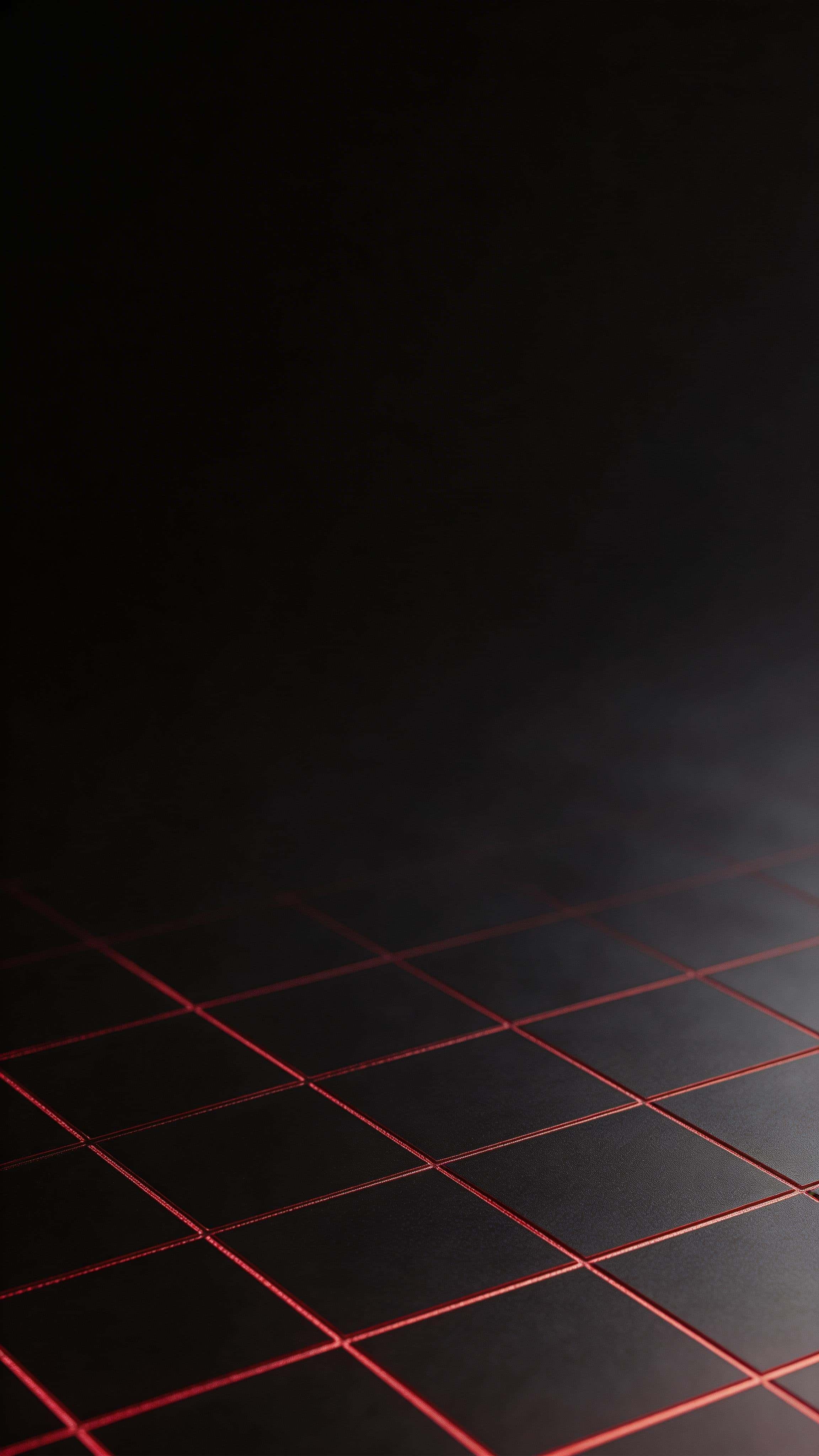 Near-black 9:16 wallpaper with a sparse, micro-engraved crimson grid rising from the lower half and fading into a calm, darker top third, with soft grazing haze.