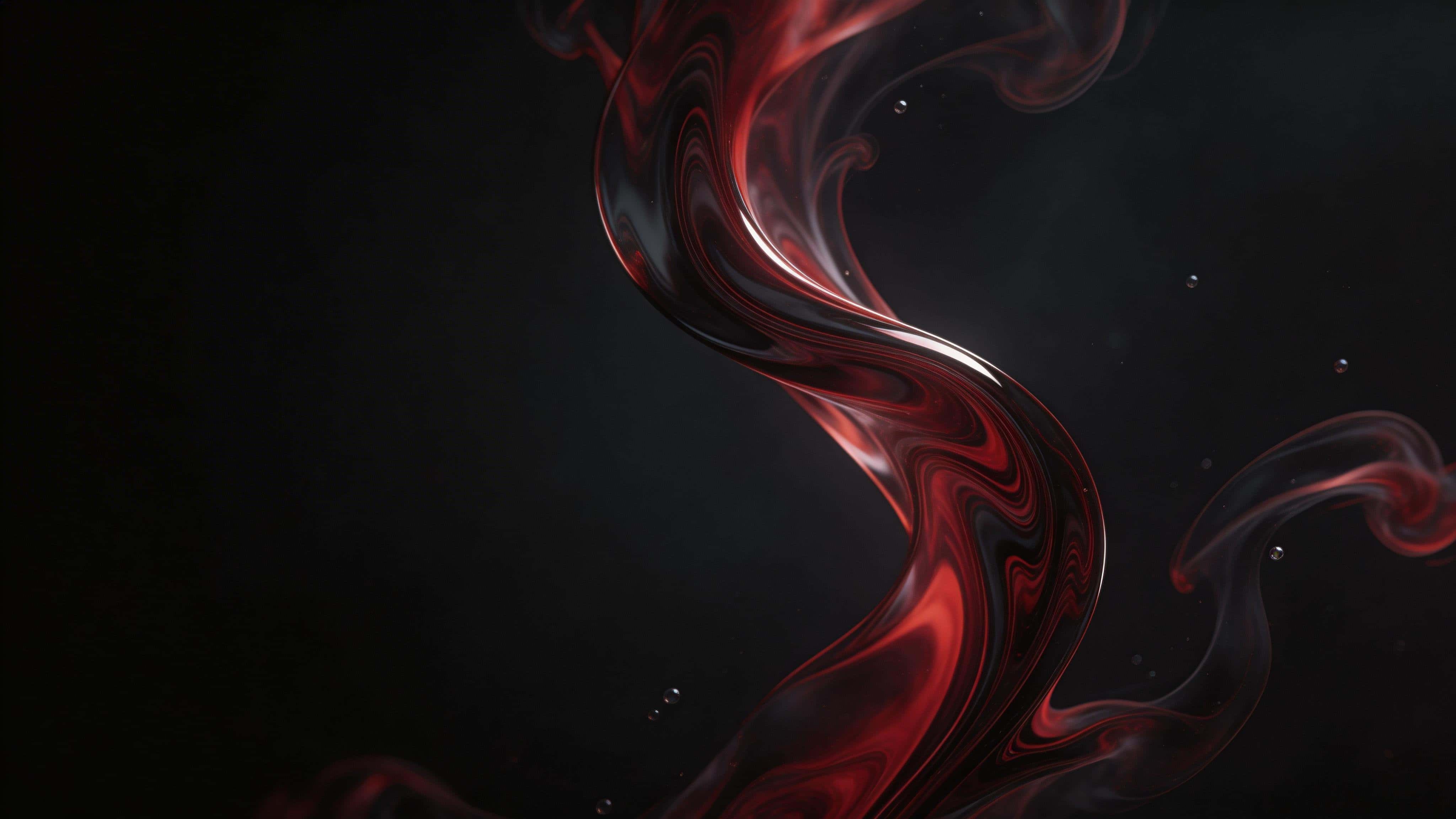 Abstract fluid macro of crimson ink and black dye swirling in 16:9, forming an S-curve marble ribbon with wispy filaments, sparse micro-bubbles, and clean negative space.