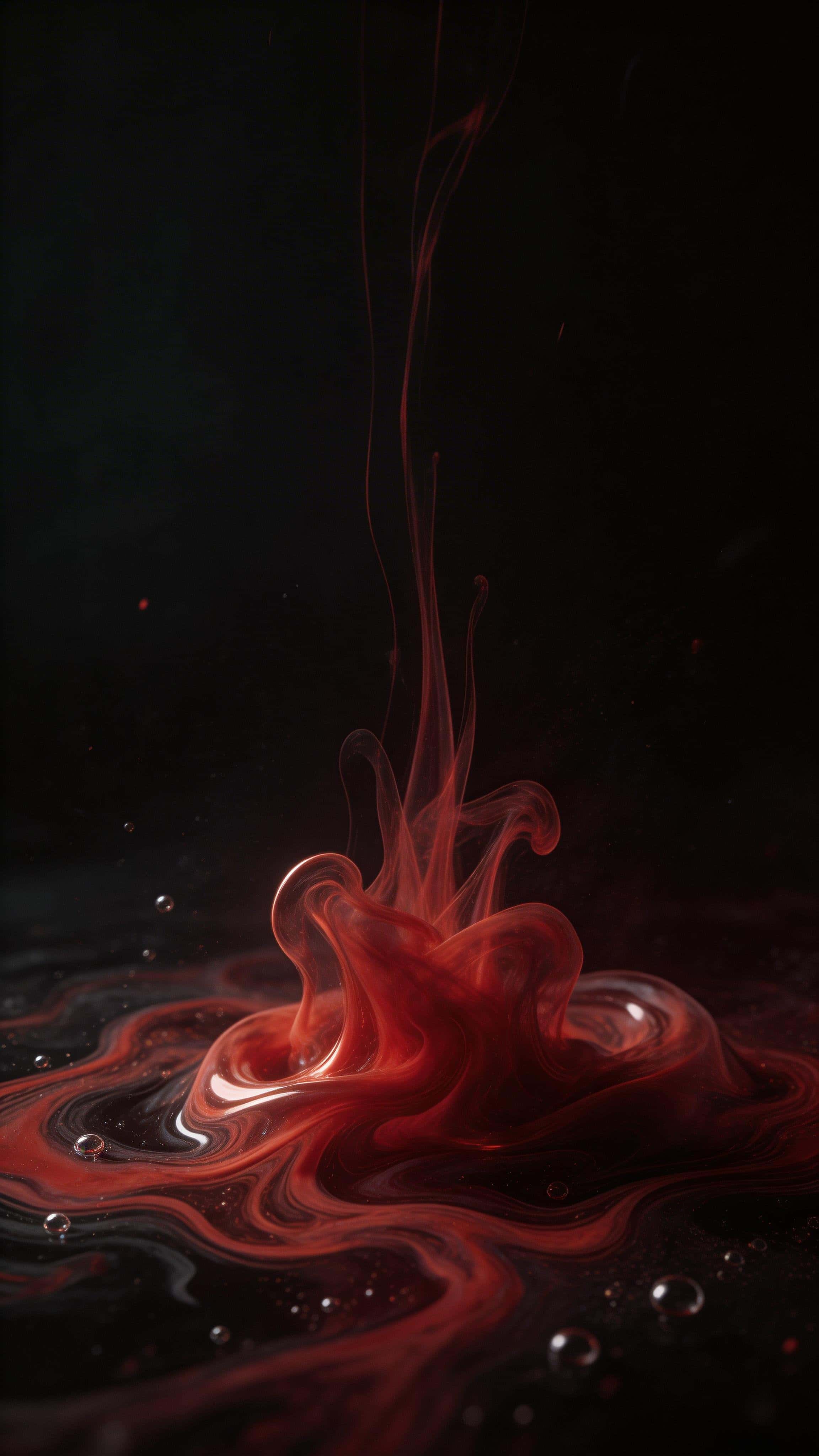 Abstract 9:16 macro photograph of crimson ink rising through charcoal-black liquid into marble-like ribbons anchored in the lower third, tapering into thin tendrils.