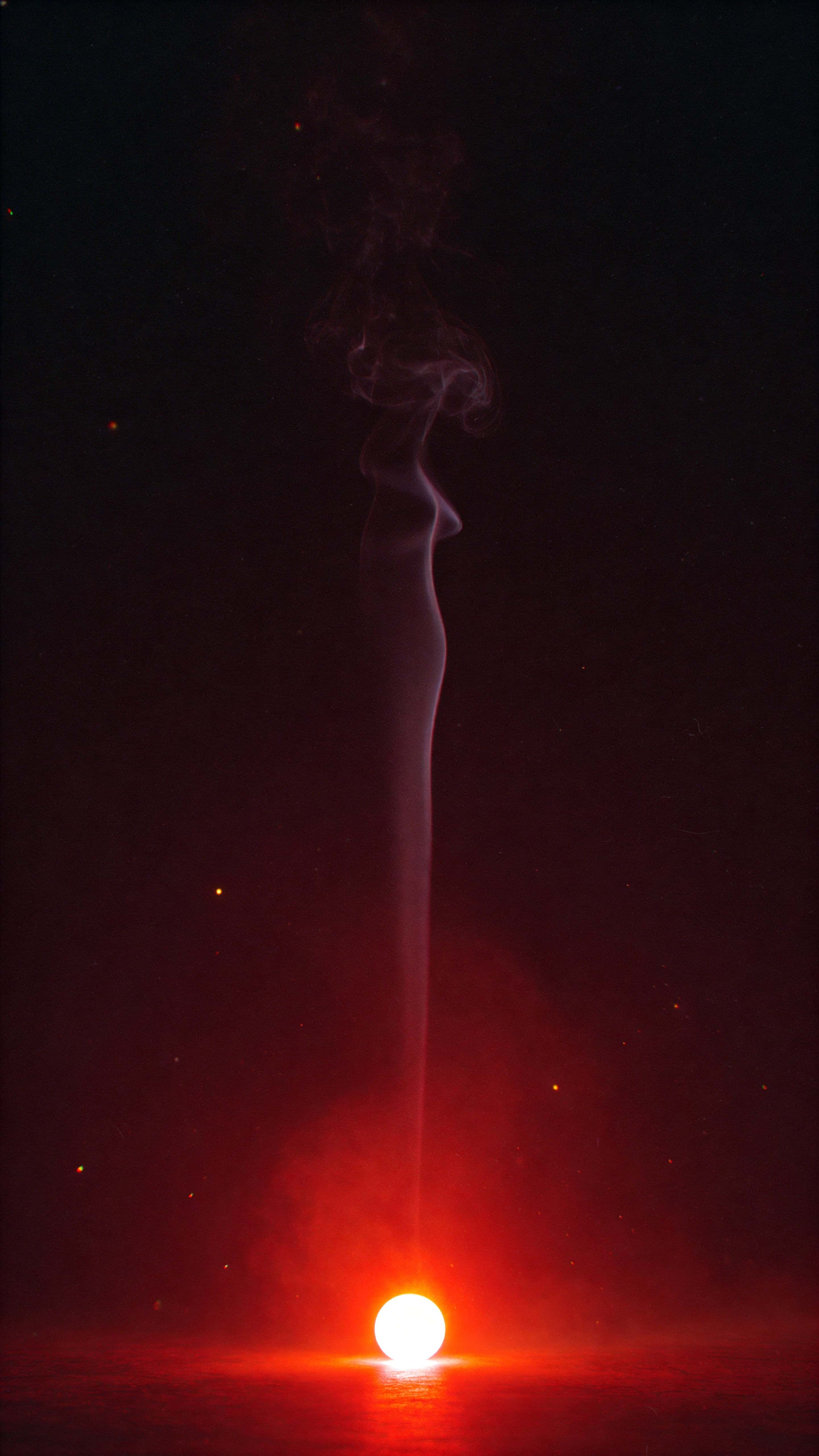 Vertical 9:16 wallpaper with a low-center glowing crimson nucleus diffusing upward into black, soft haze and subtle vertical smoke, faint grain and vignette.