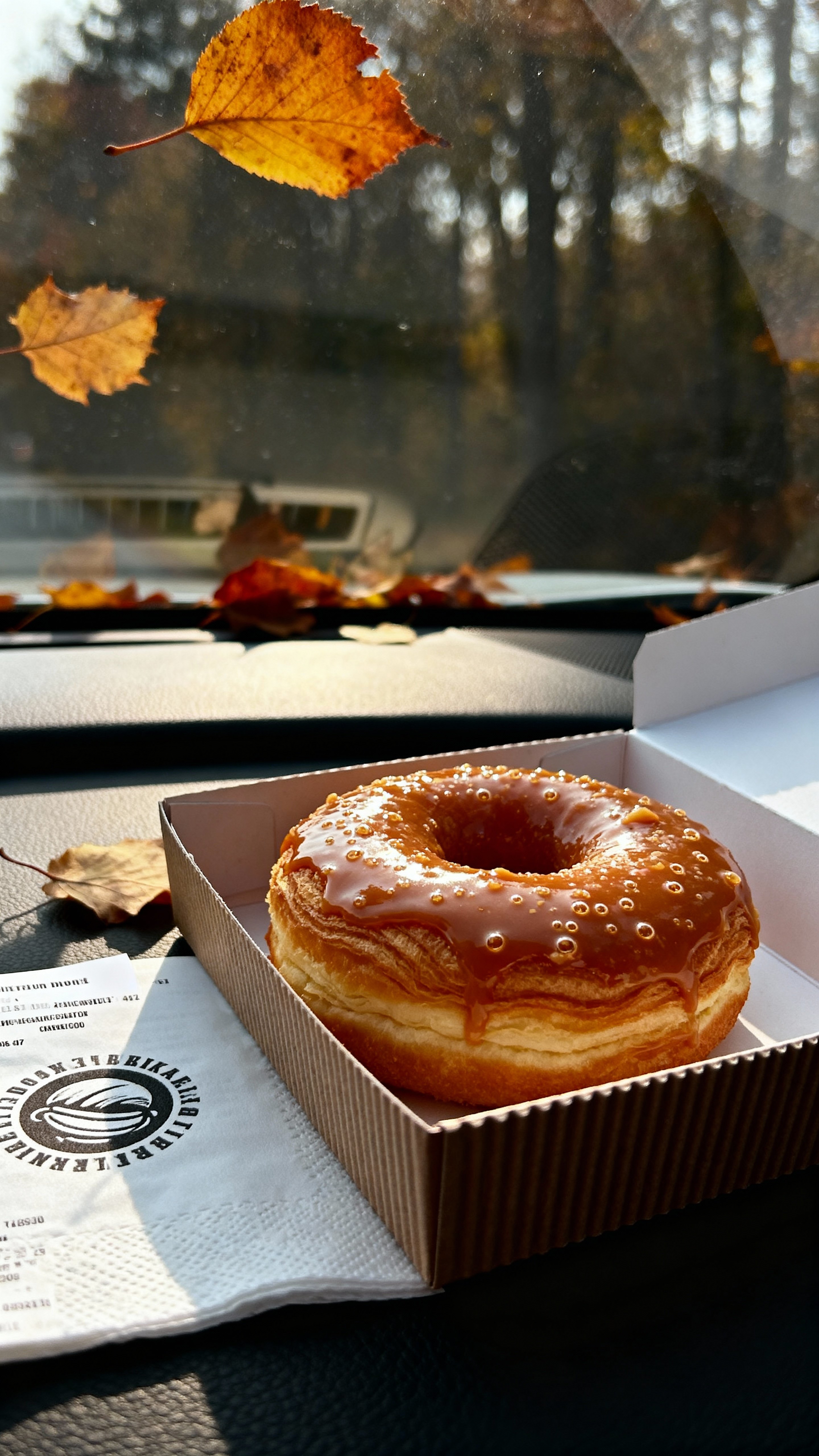 Caramel-glazed cronut on a bakery box in a passenger seat, warm caramel (#b87333), cinnamon (#a0522d) and cream (#f5e7d6) tones with deep-brown dashboard (#3b2f2f) and autumn orange (#c04e1a); shallow depth and soft illumination emphasize a