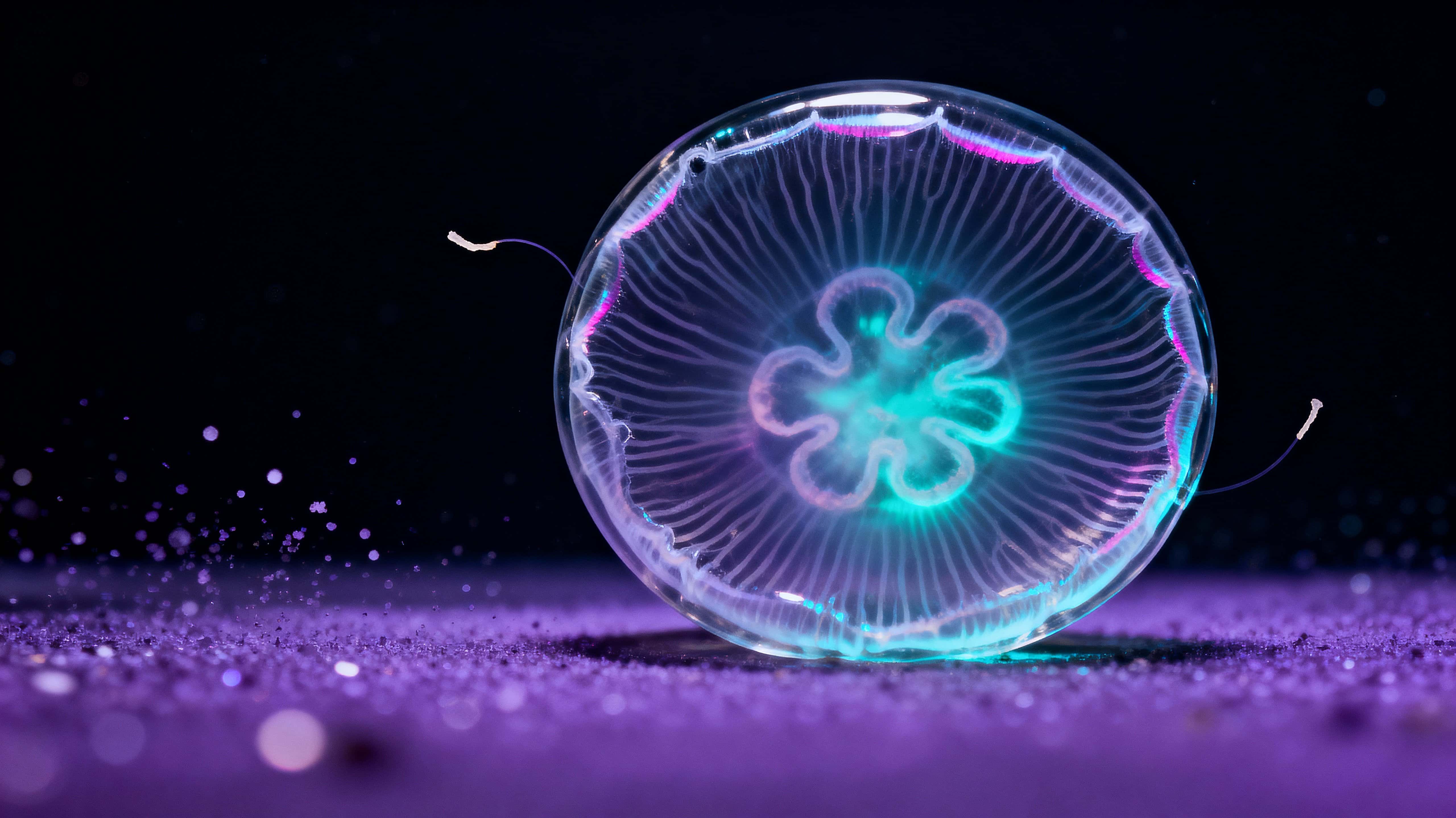 A crown jellyfish rises in still midnight water with spiral tentacles and internal cyan-teal bioluminescence edged in magenta, framed centrally against an abyssal backdrop with protected negative space.