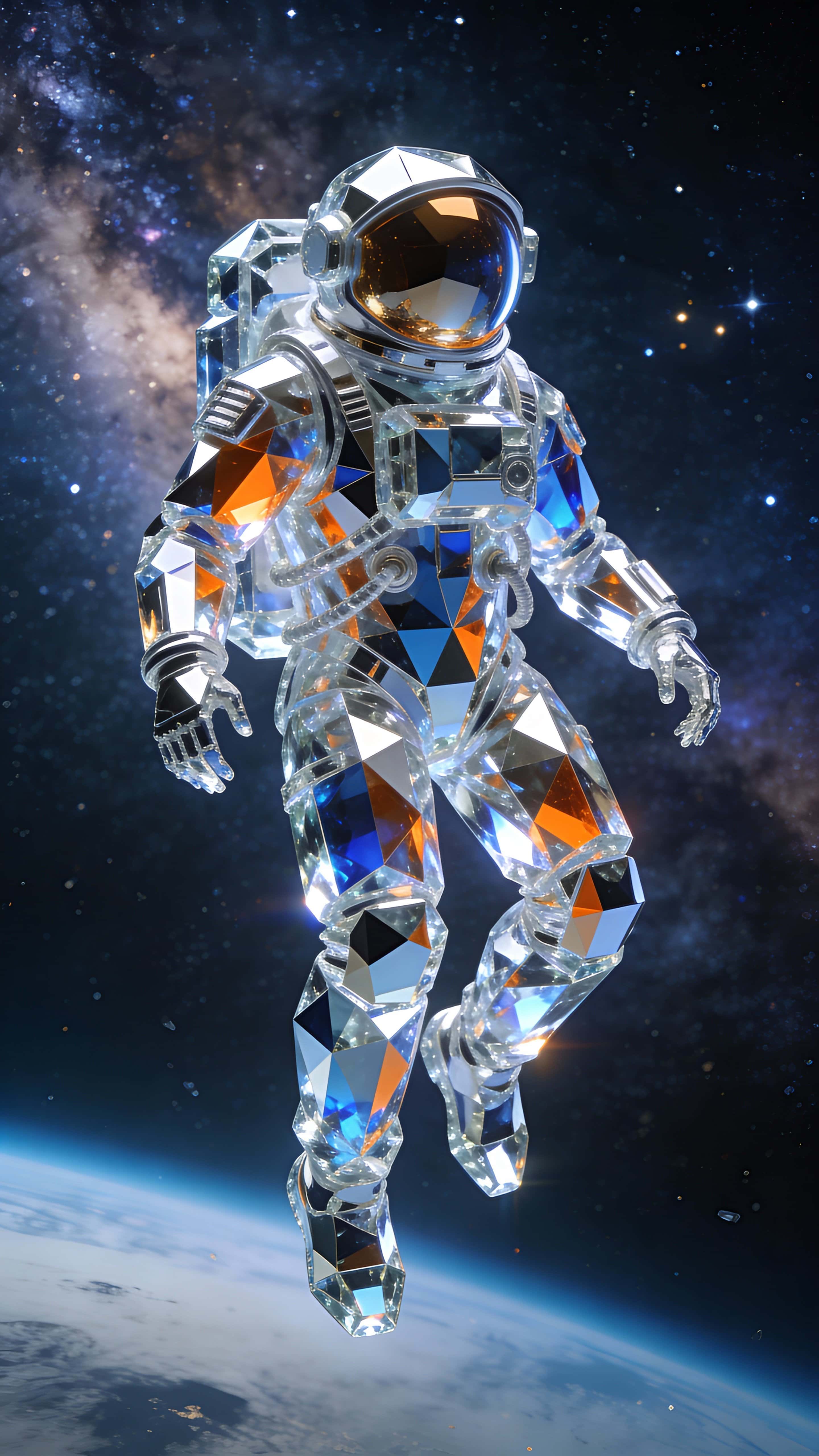 Vertical 9:16 portrait of a faceted crystal astronaut floating in deep space, centered full-body crop with a slight three-quarter turn, reflective glass and chrome shards scattering prismatic blue, orange, and silver across a dense starfield.