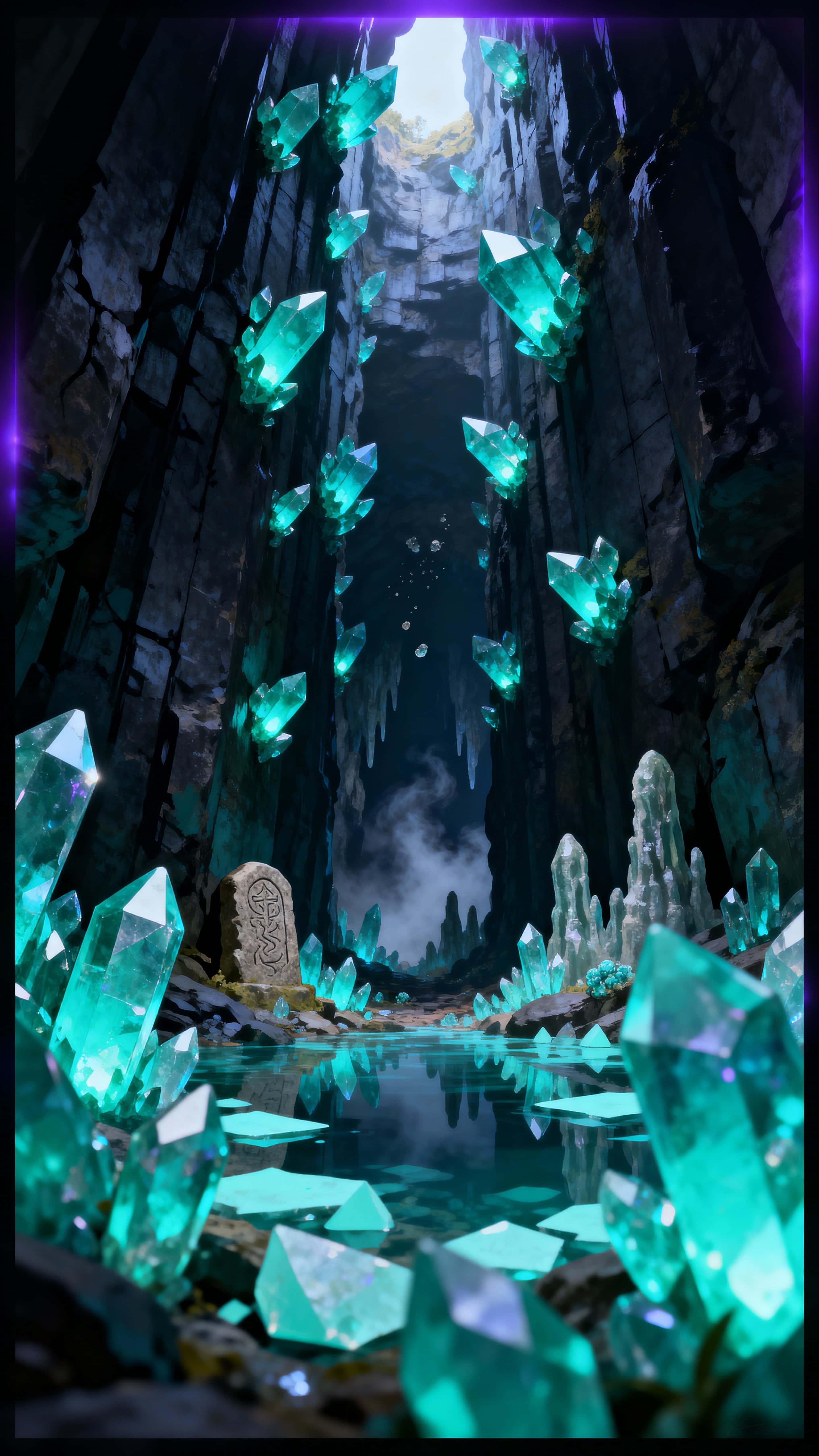 A vertical 9:16 illustration of a pitch-black cavern lit by clusters of glowing teal crystals, creating a mysterious, immersive atmosphere for concept art or game background design.