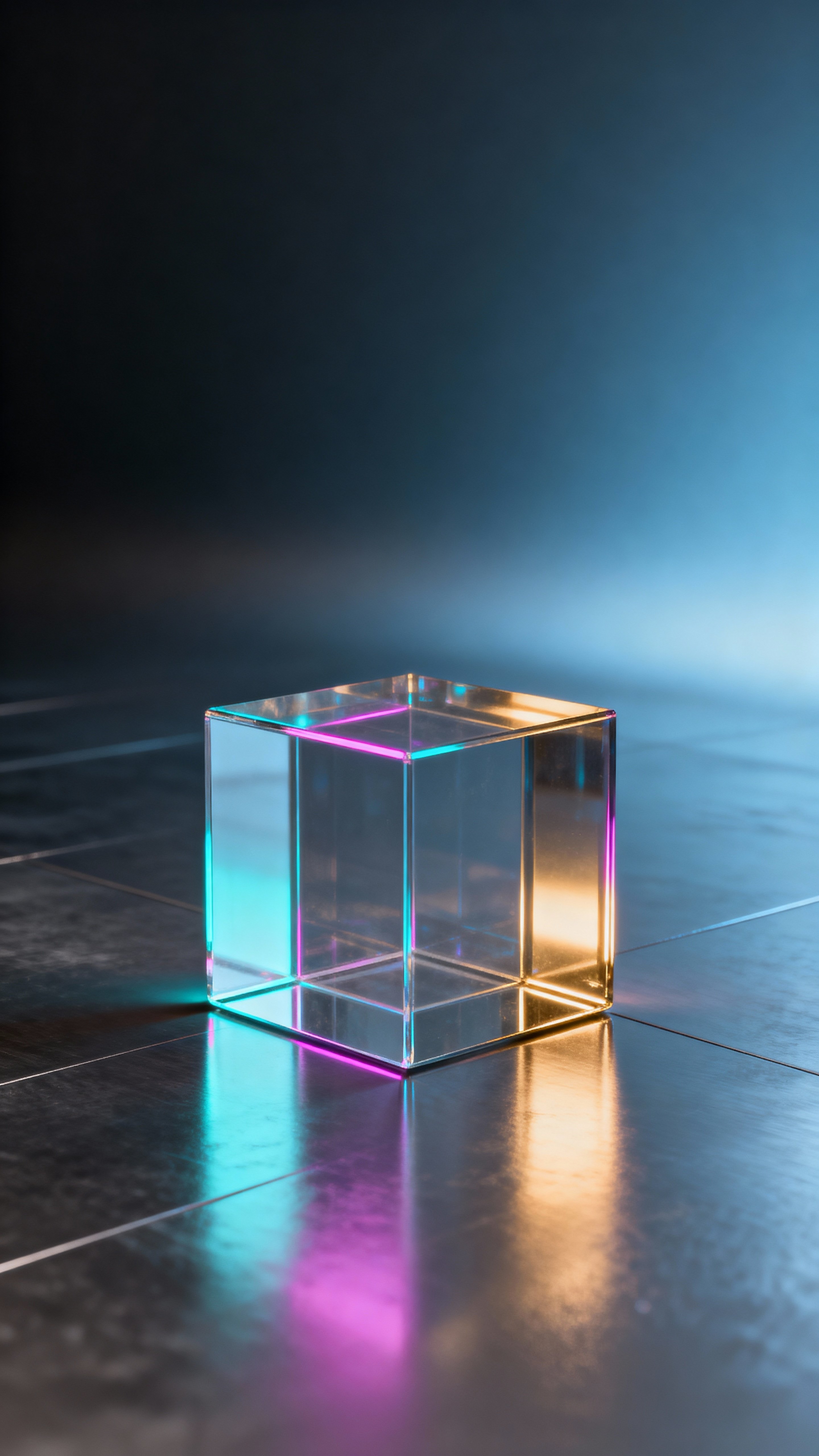 A crystal-clear cube rests centered on a polished metallic floor, its interior cells glowing in cyan, magenta and warm gold as soft reflections blend into a charcoal-to-steel-blue backdrop.