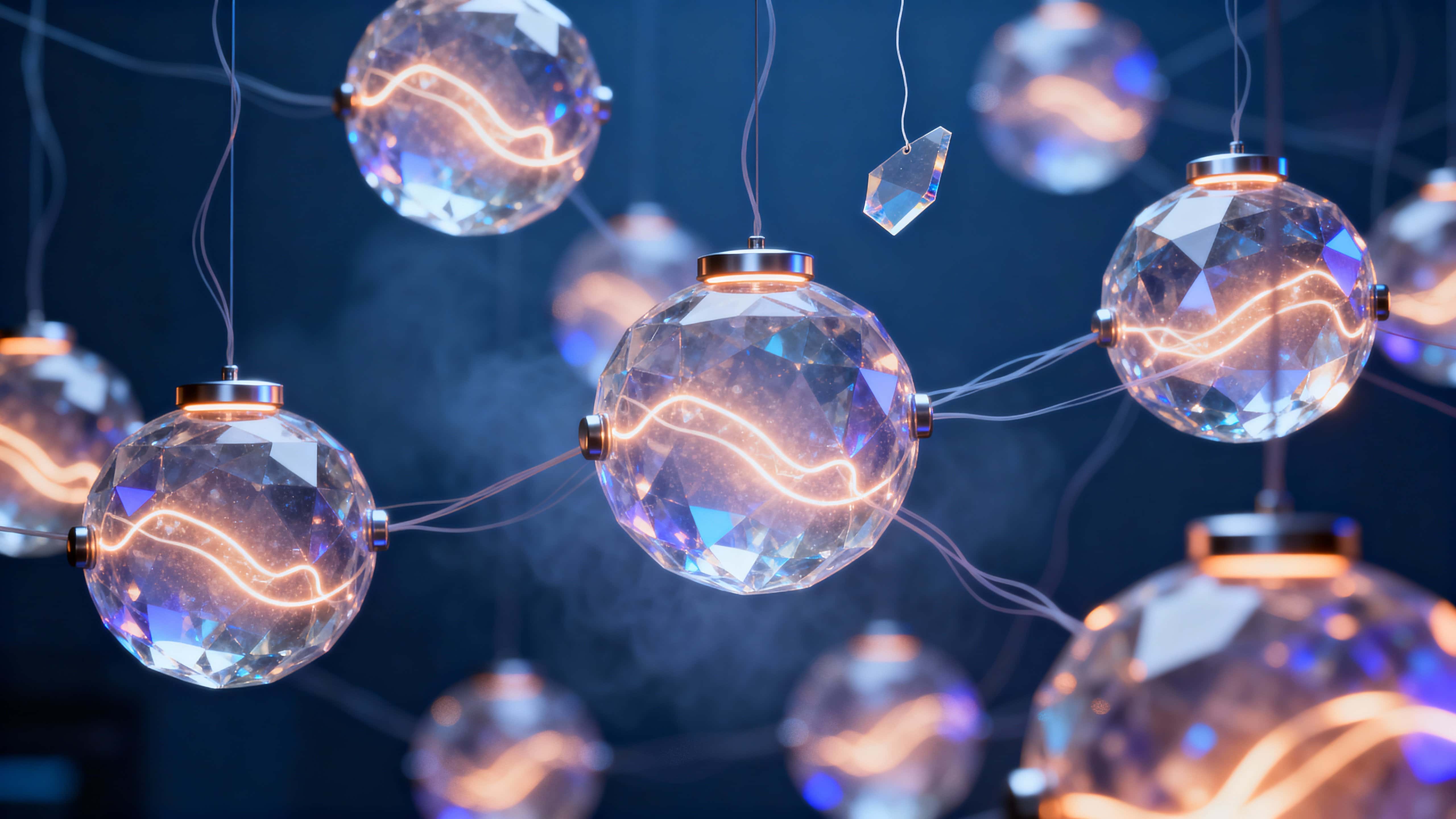 A web of glowing threads links crystalline data nodes across a 16:9 field, each orb flickering like stored memories under cinematic contrast and volumetric shafts of light, rendered hyperreal and three dimensional.