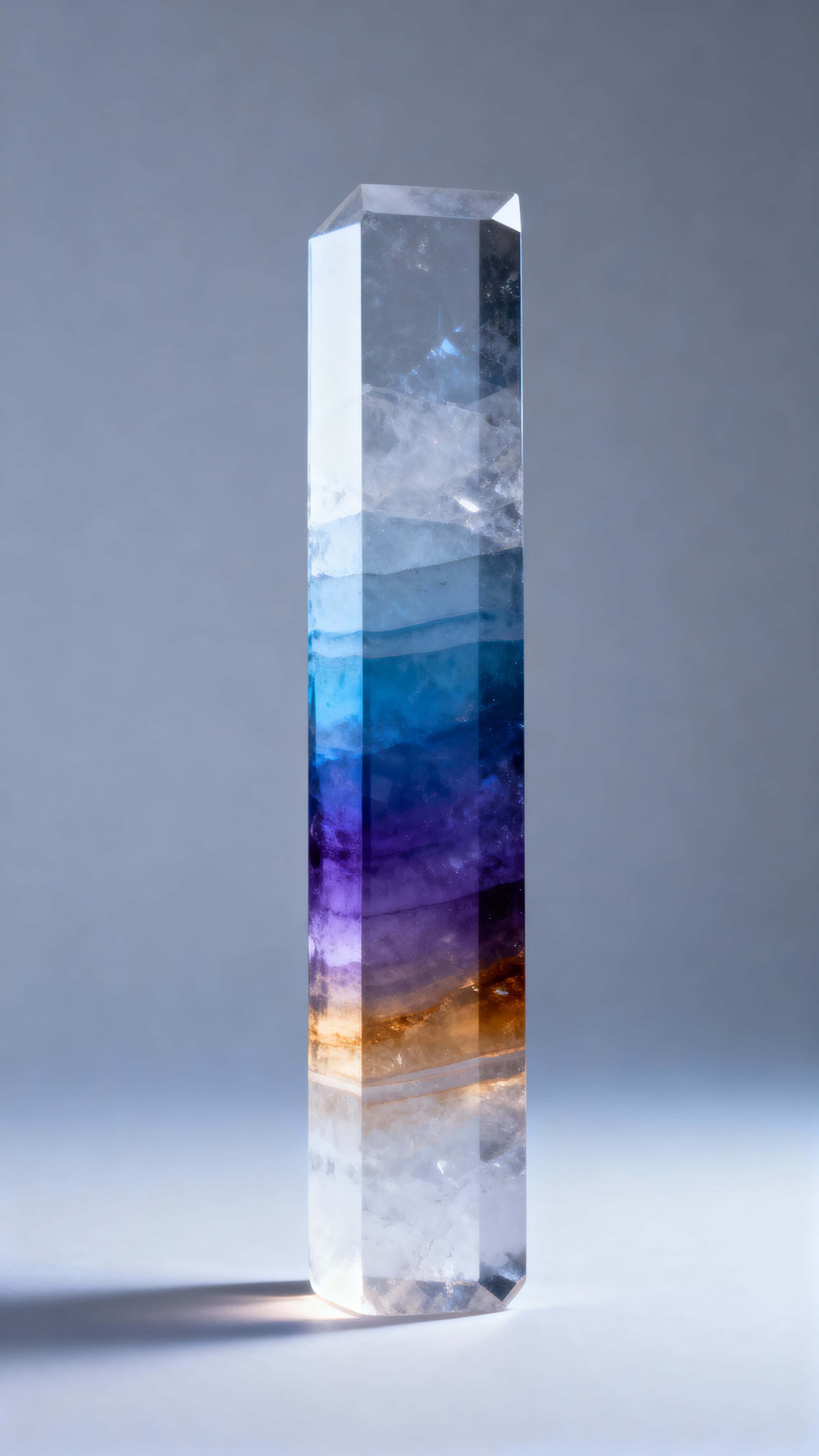 A tall crystal matrix slab stands upright on a smooth reflective surface, its layered interior shifting with blue, violet, and amber gradients against a soft gray background.