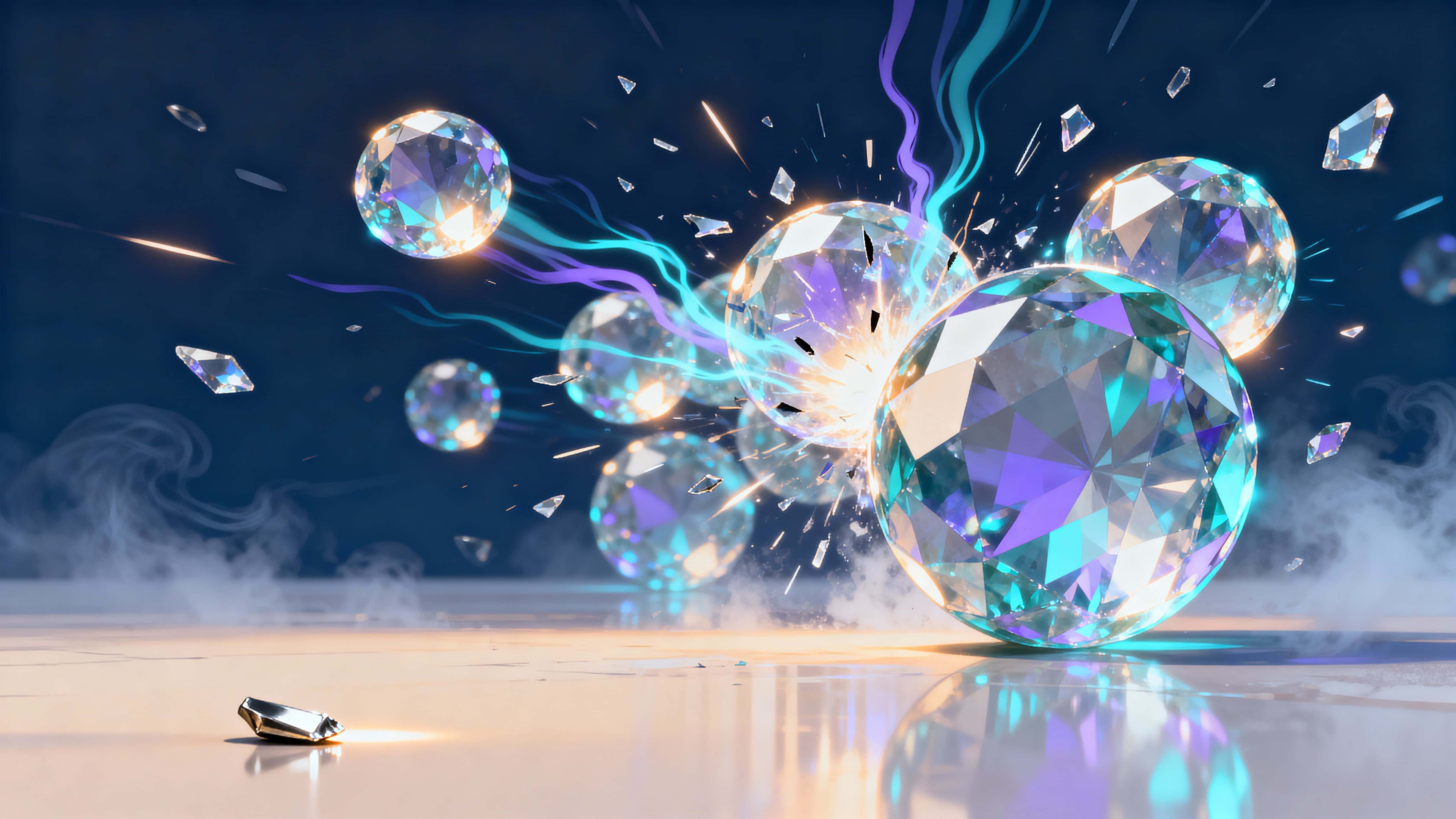 A 16:9 cinematic scene of glowing crystal spheres colliding midair above a neutral reflective plane, capturing energy pulses and shards of light in a cool luminous tableau with controlled negative space.