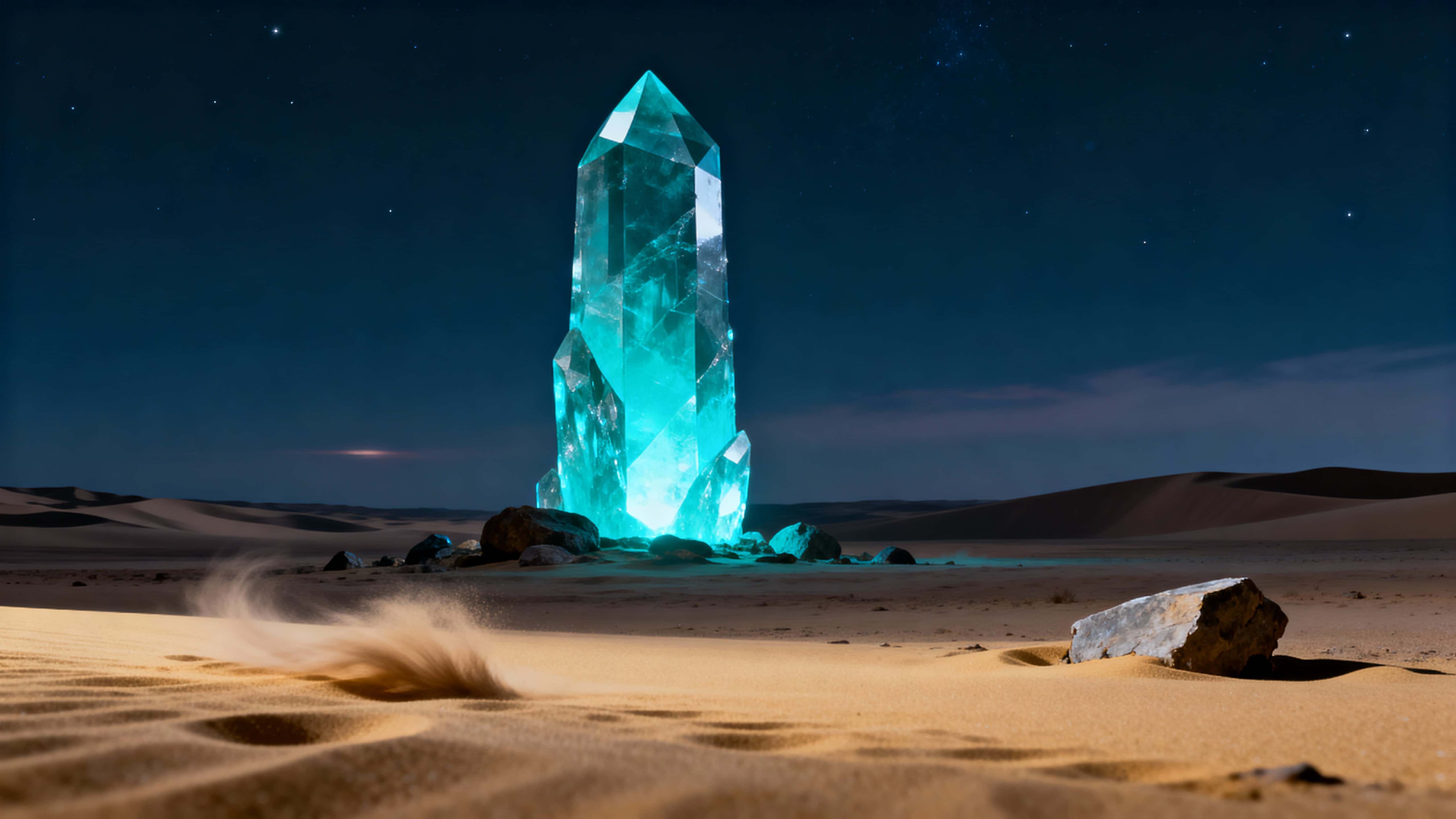 A single massive crystal tower glows cyan above a flat, empty desert at night, its faceted surfaces catching cold light while vast dark sands and low wind shape a minimal, cinematic scene.