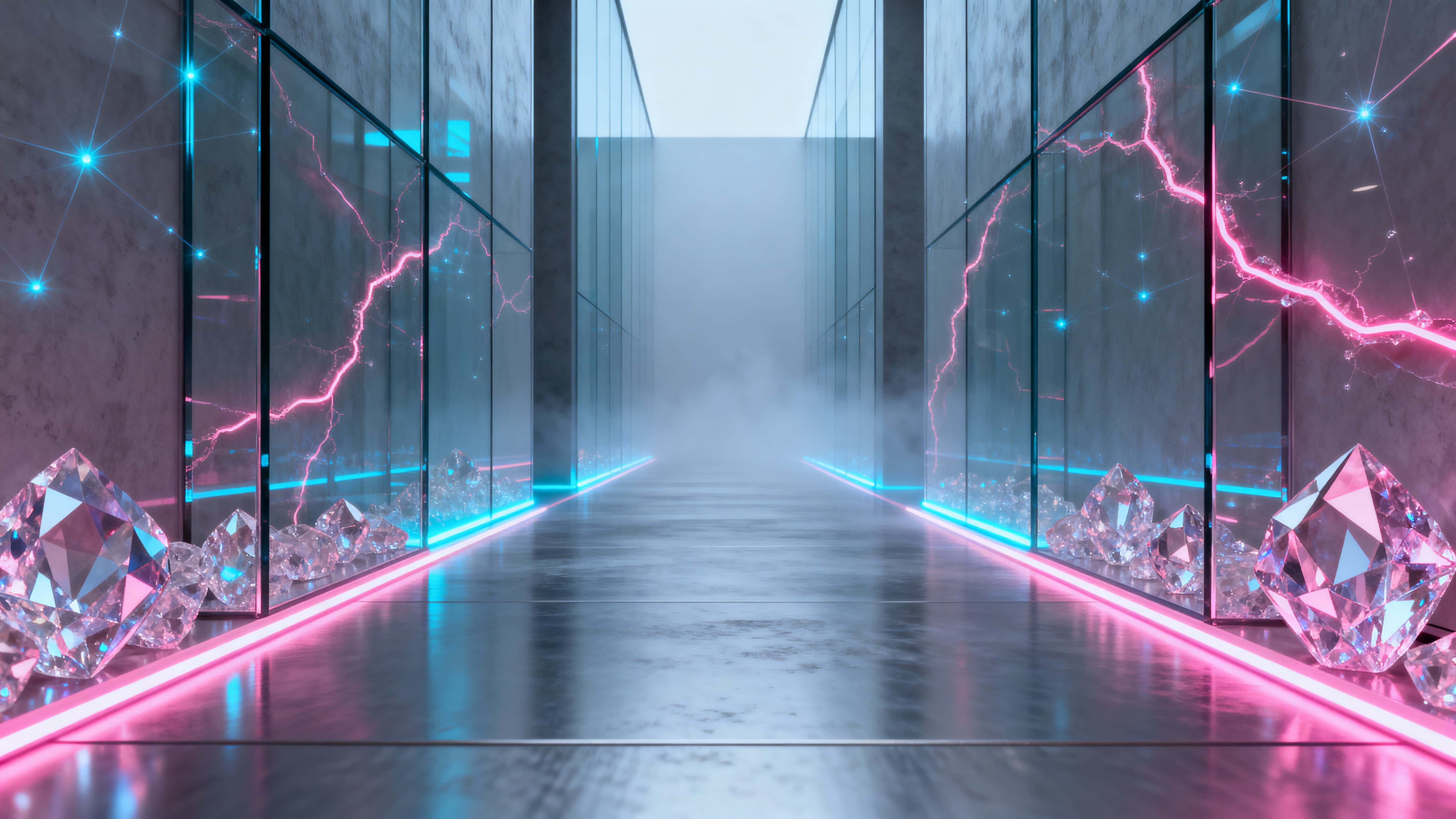 A long futuristic corridor lined with crystalline veins that refract neon pink light into a cool ambient glow, framed within a 16:9 aspect ratio for cinematic composition and clarity.