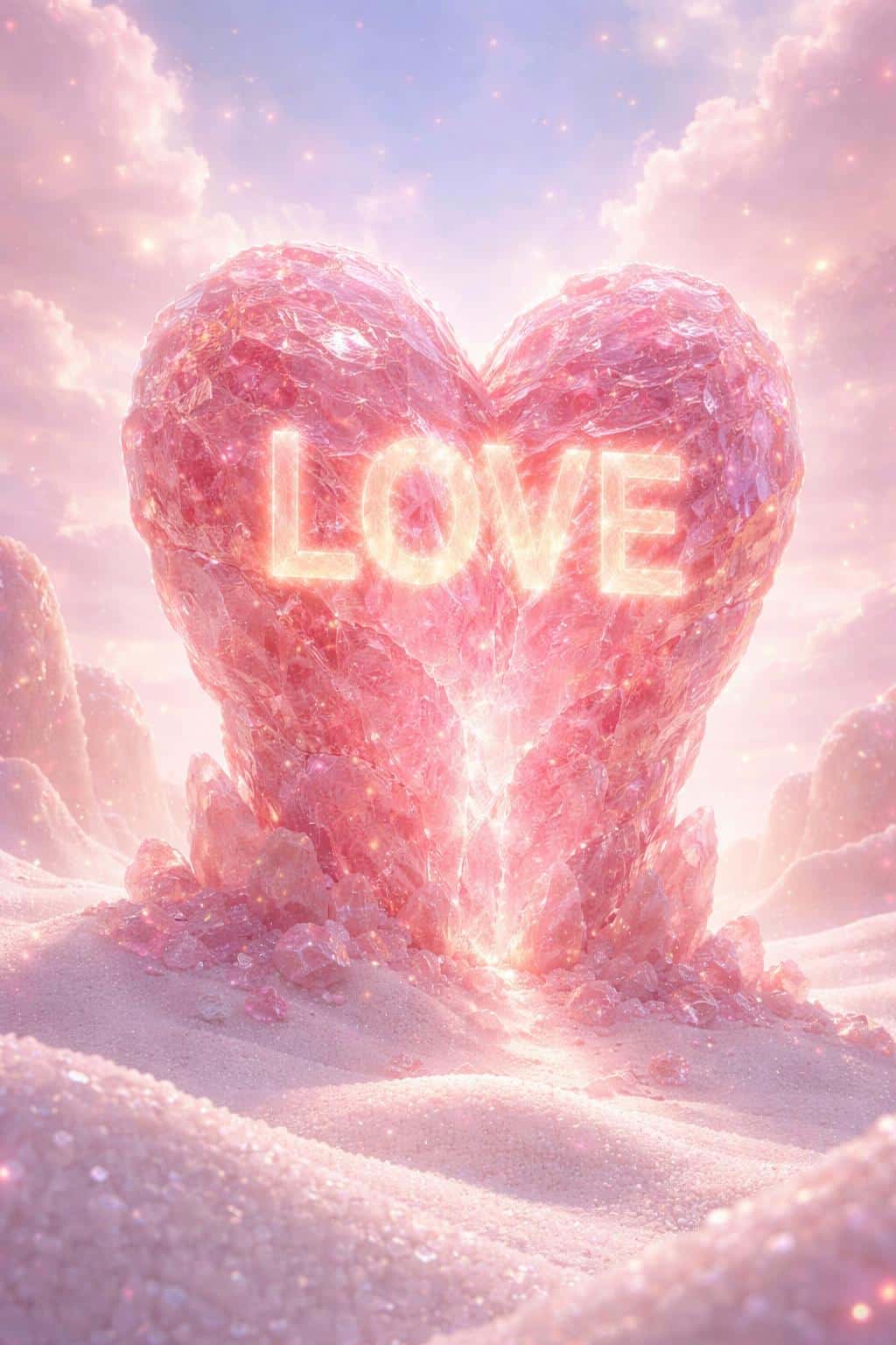 A towering semi-translucent pink rock-candy heart rises from a white sugar desert in 2:3 portrait, with 'LOVE' glowing through the crystalline structure.