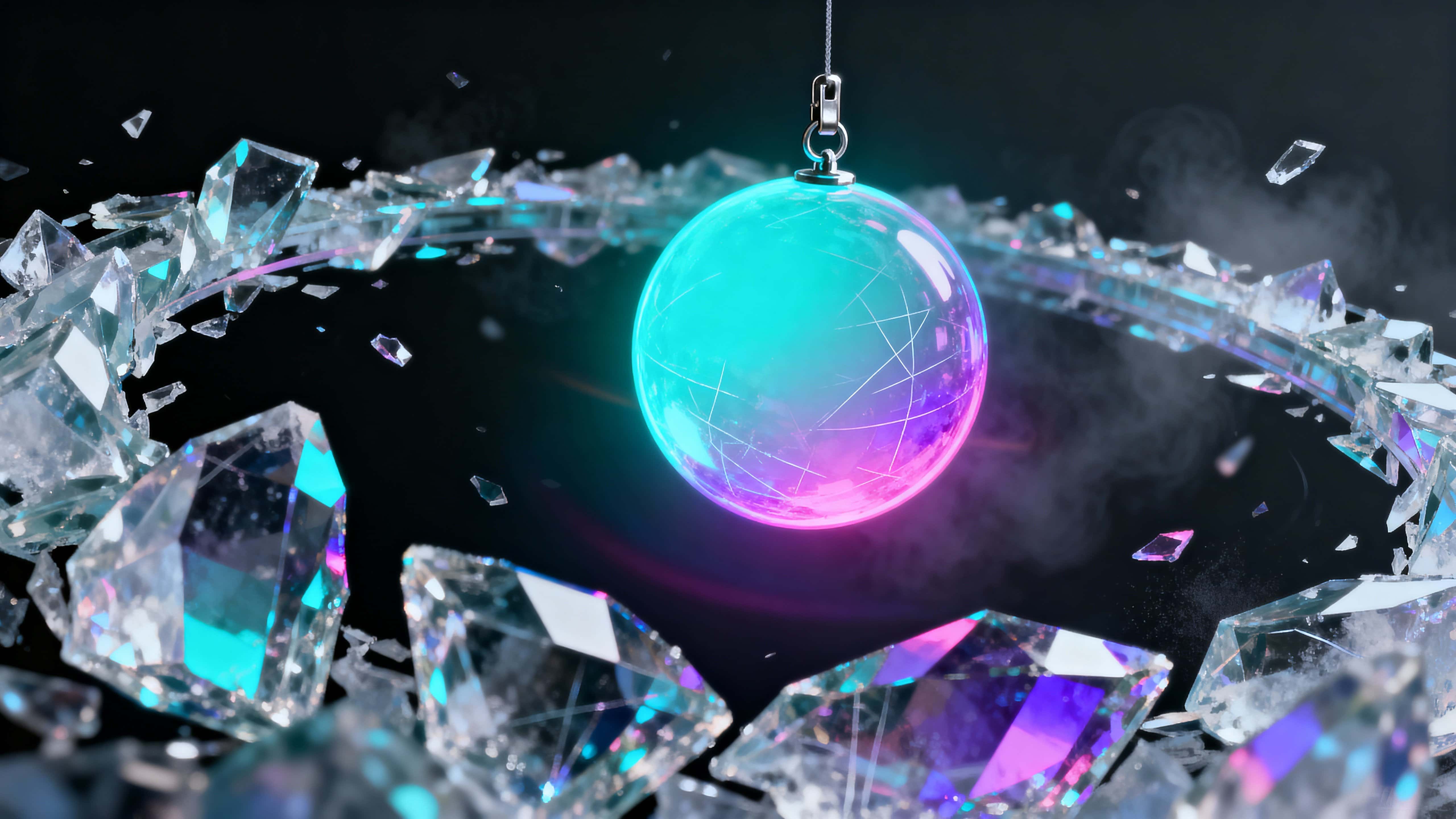 A suspended ring of glassy crystalline shards orbits a luminous neon orb in a dark, subtle void, with refracted color splinters and a gentle, ethereal rotation suggesting slow motion and quiet awe.