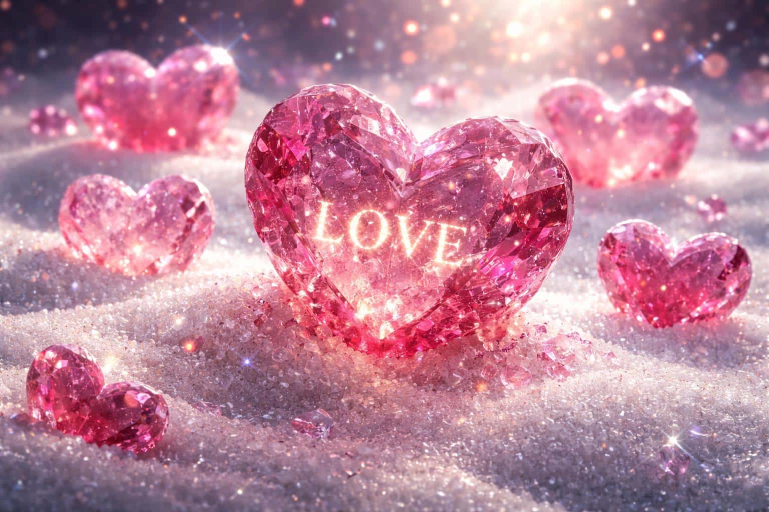 Wide 3:2 landscape of giant ruby and rose-quartz heart-shaped rock candies embedded in a sparkling sugar field with the word LOVE etched and softly glowing.