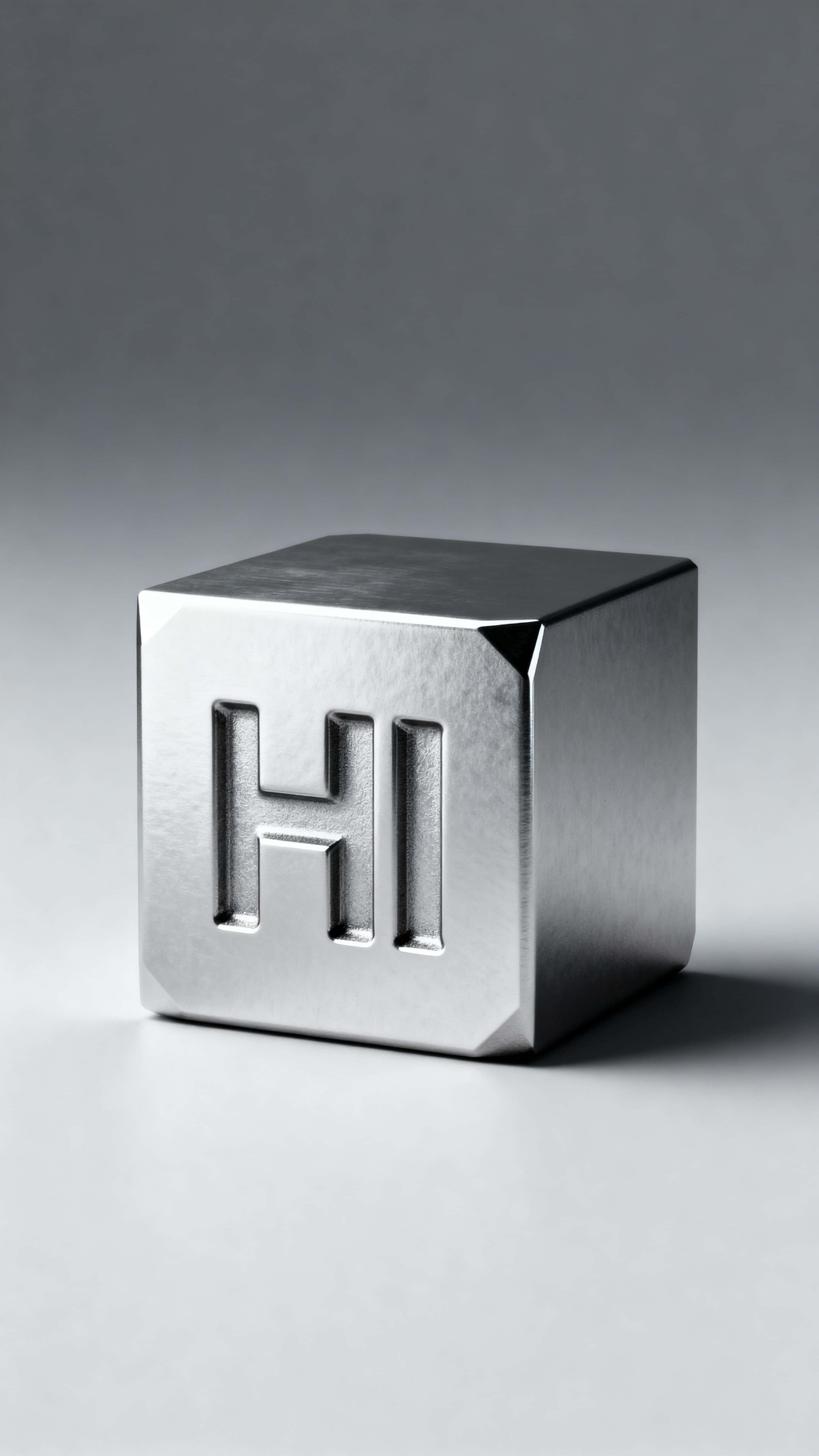 A vertically framed 9:16 close-up of a single 3D cube centered in the frame with HI deeply carved into its front face, slight top-down angle, soft studio shadows, and a clean neutral background.