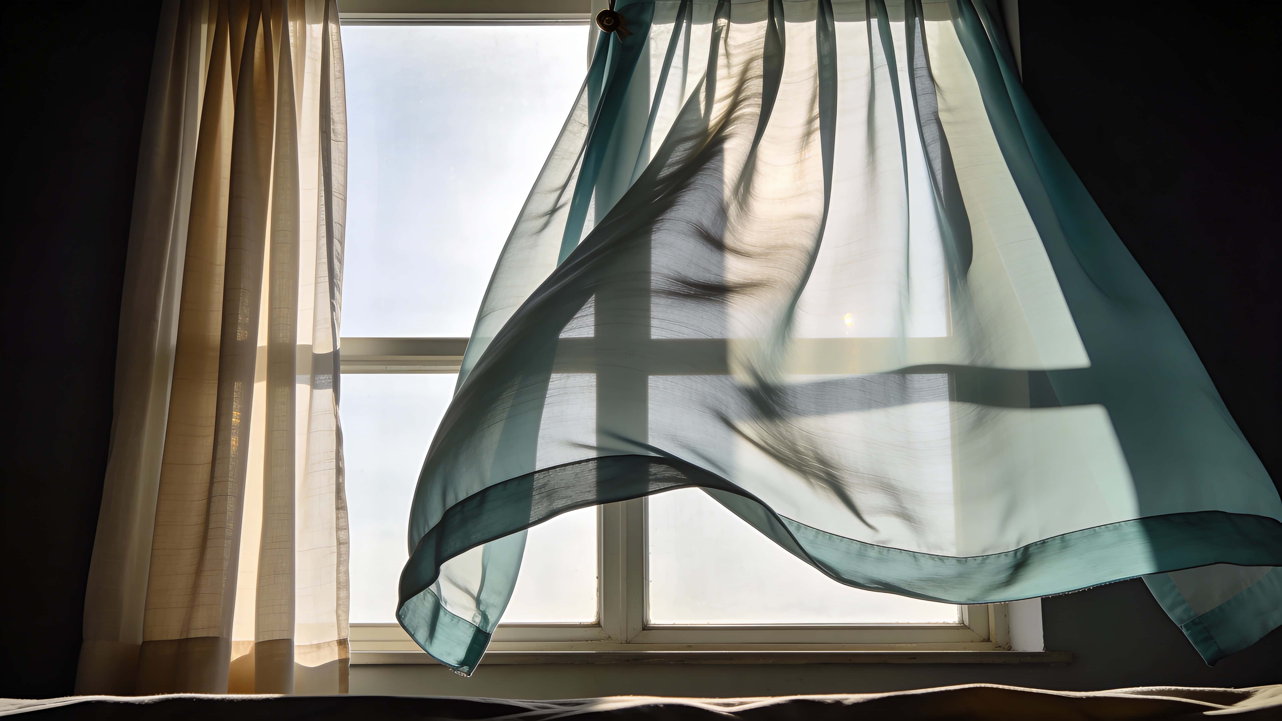 A 16:9 fine-art photograph of sheer curtains drifting in a soft indoor breeze, captured with gentle natural light, visible fabric texture and subtle motion blur for wallpaper use.