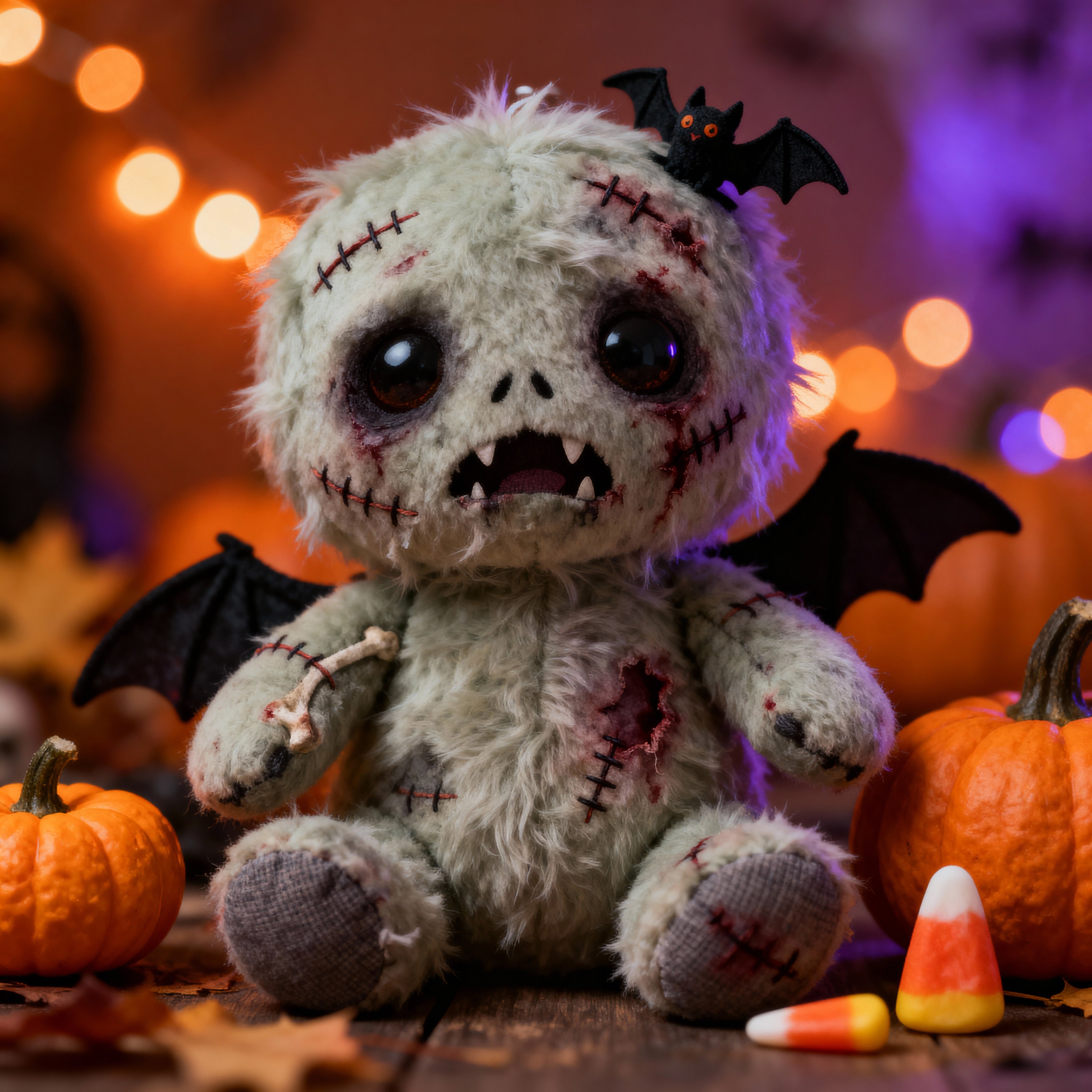 Photograph-style portrait of a cute, fluffy zombie character with Halloween-themed elements. Soft, plush-like fur with subtle decay details, warm Halloween color palette, gentle lighting, and playful spooky accessories (mini pumpkins, candy