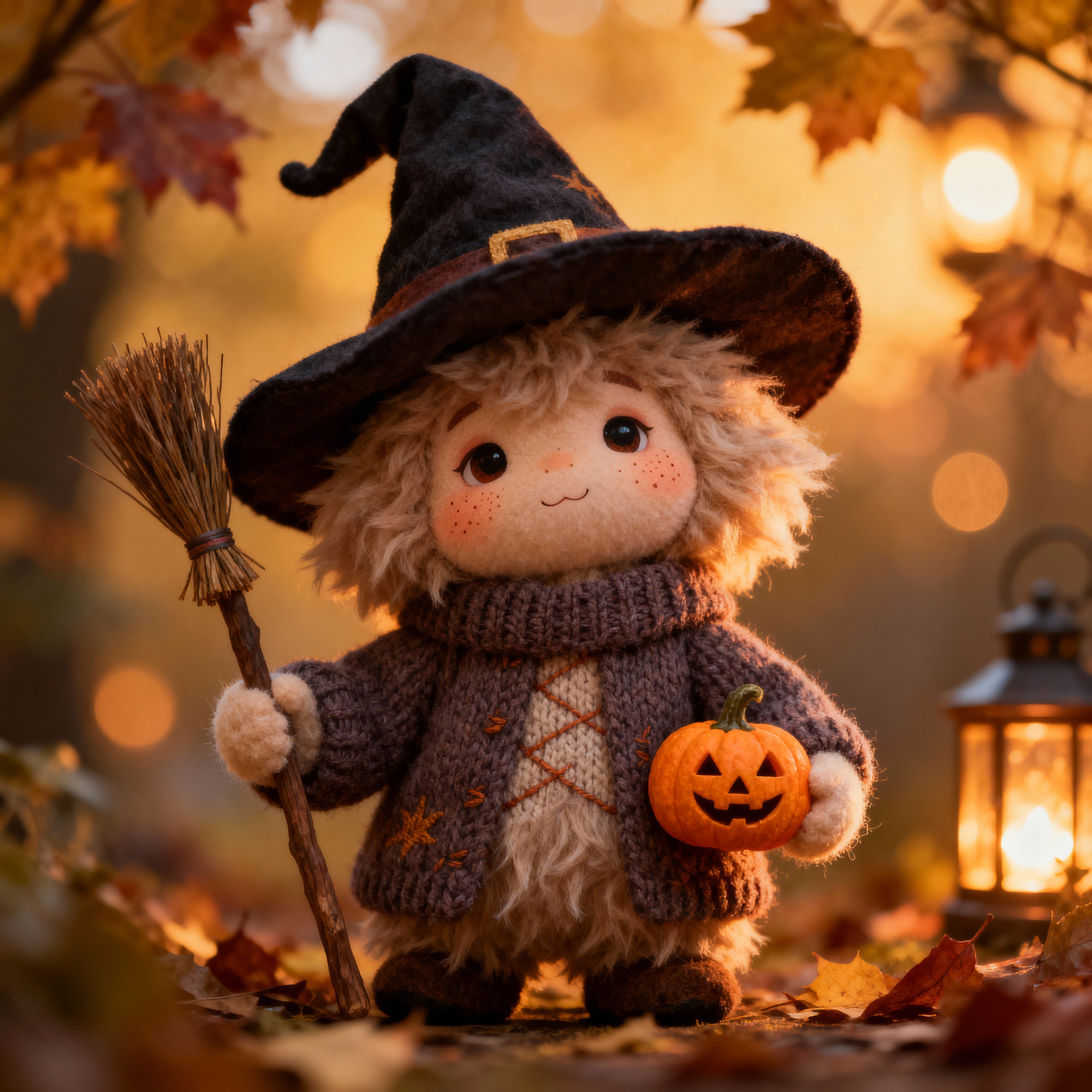 A whimsical, cute, fluffy witch character styled for Halloween creative photography. Emphasize soft textures, warm autumnal lighting, playful expression, and charming costume details (pointed hat, oversized sweater, broomstick, tiny pumpkin