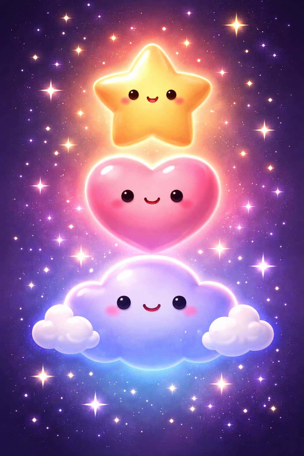 Three stacked kawaii characters—golden star, pink heart, and cool blue cloud—emit soft glowing halos in a magical purple night sky with sparkling stars.