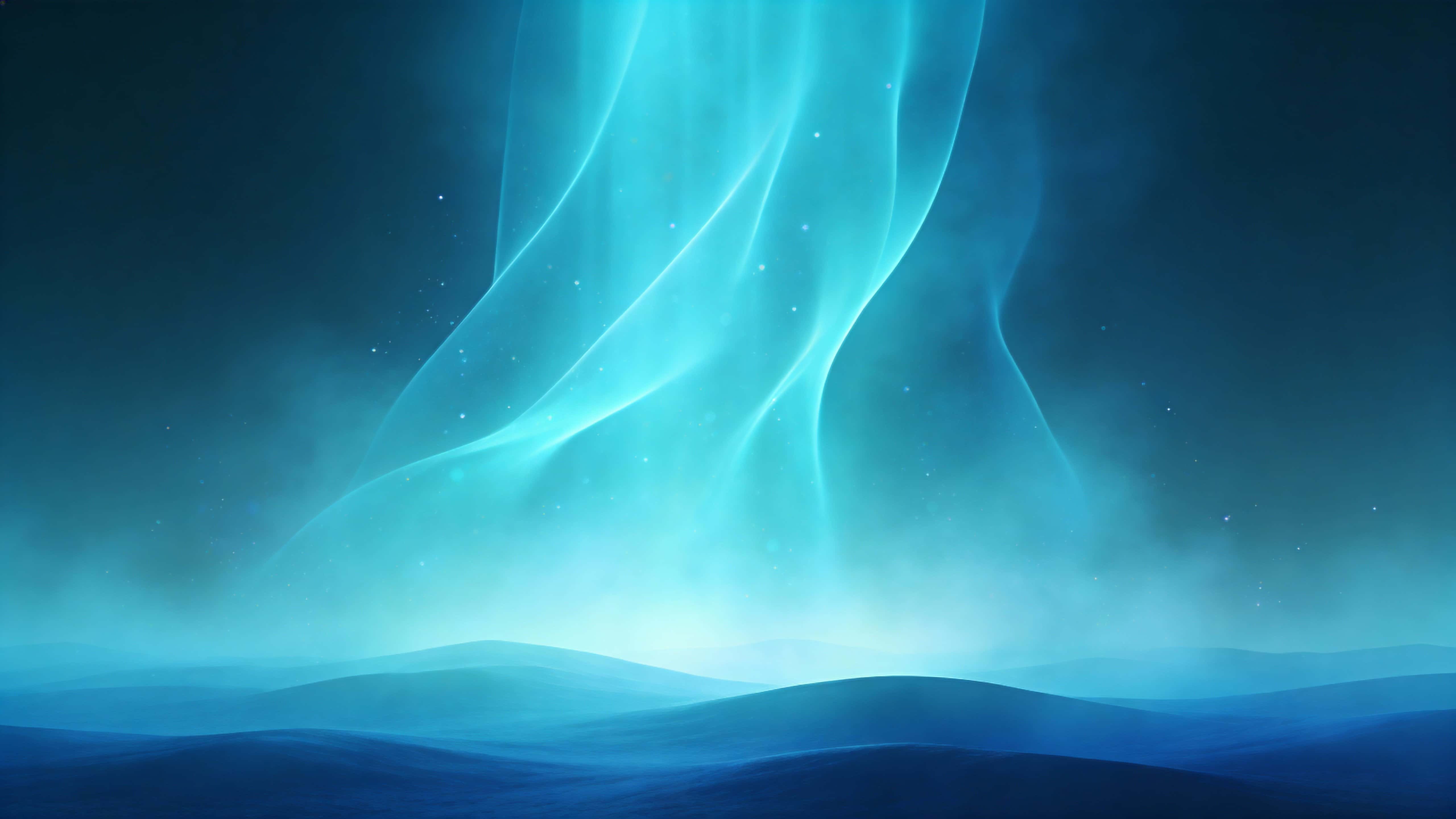 A misty sheet of glowing cyan energy rises like light fog with soft shimmering folds and drifting sparks, detailed in the foreground and fading into deep blue haze.