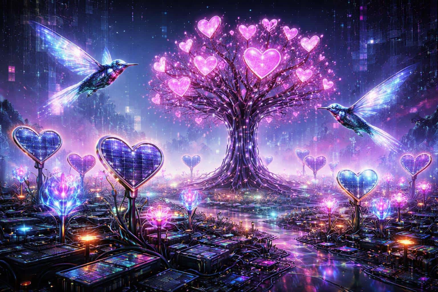 A wide 3:2 landscape of a surreal cyber-garden where heart-shaped solar panels and glowing glass flowers rise from discarded chips around a server tree with pink heart leaves, while robotic hummingbirds and floating code drift in vibrant synthetic light.