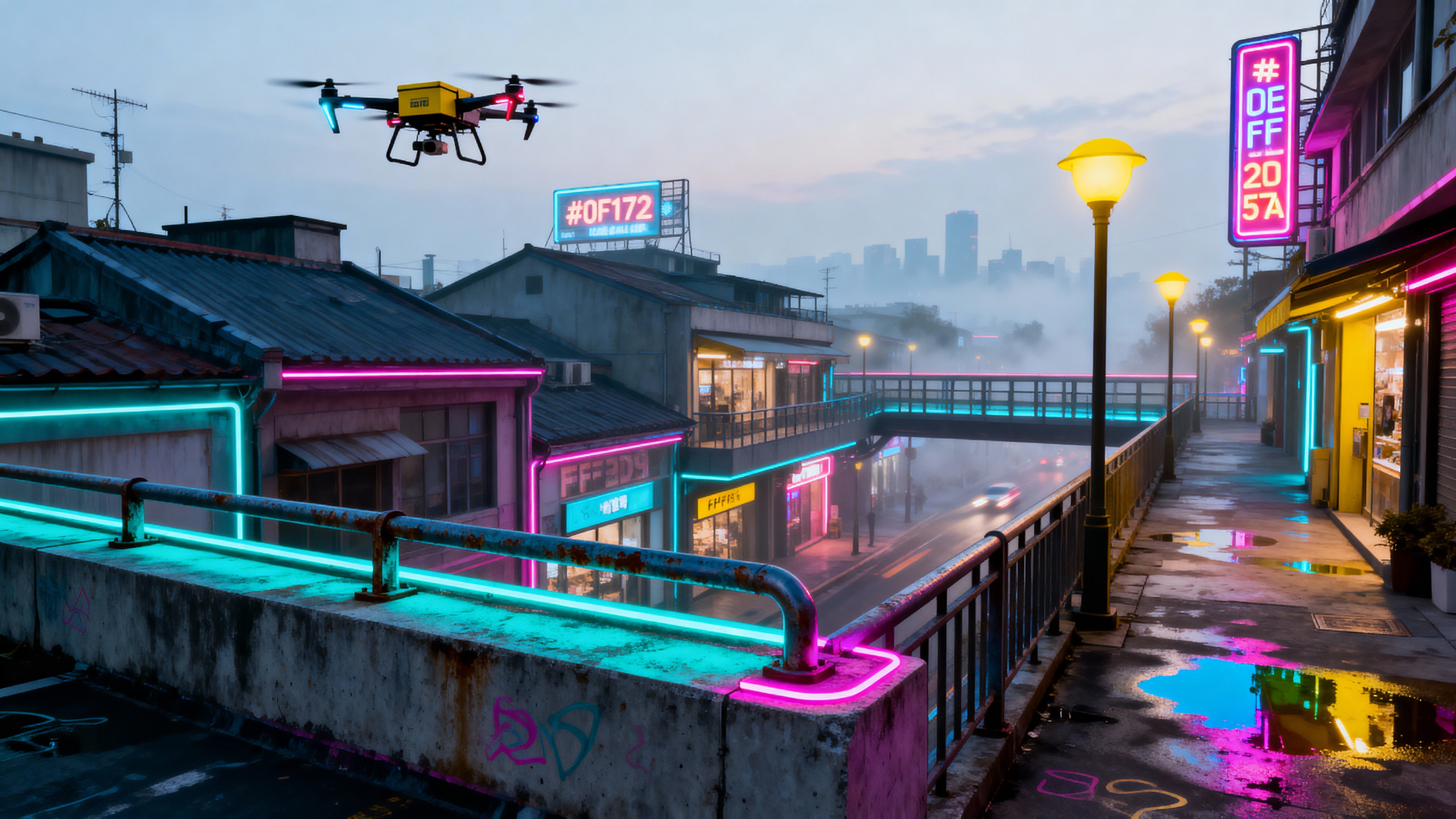 A high-angle drone view of glowing cyber streets at night, framing neon-lit alleys and reflective wet paving in cinematic 16:9 format for atmospheric cityscape storytelling.