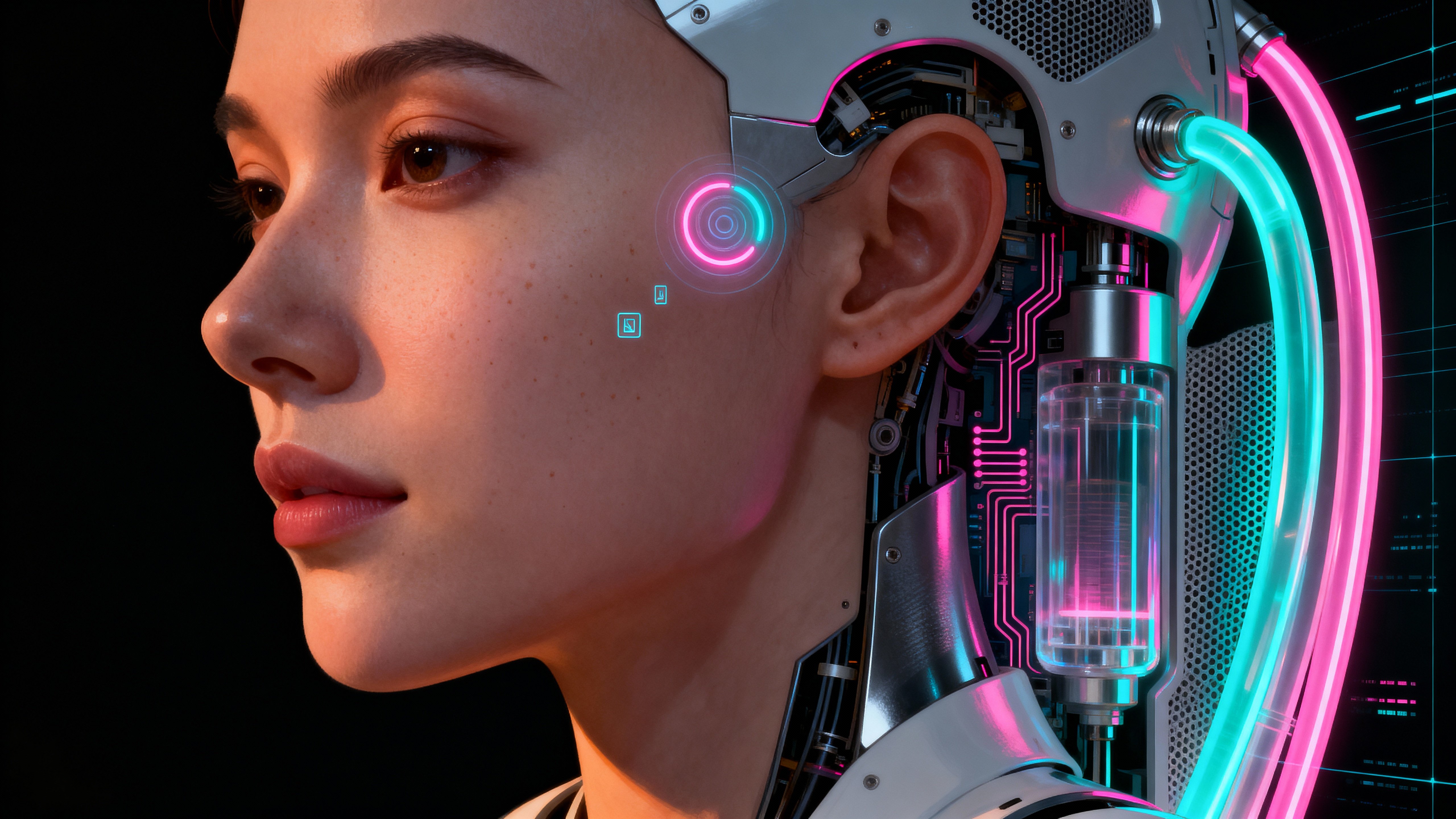A 16:9 digital painting of a calm female cyborg profile where organic skin transitions into exposed circuitry, neon tubing, and a rotating temple interface.