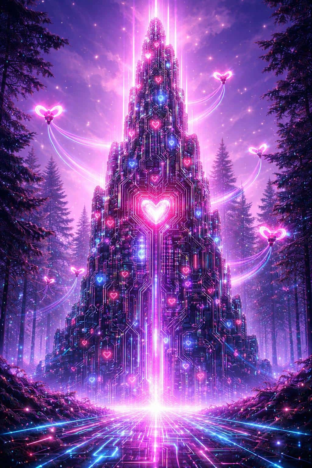 Surreal vertical 2:3 scene of a towering spire of interlocking circuit boards and glowing heart LEDs piercing a hazy purple sky, with orbiting heart-prop drones and a glowing data-stream grid base.
