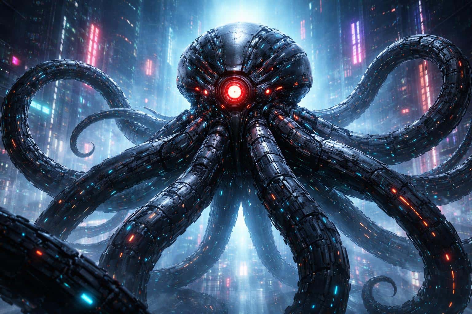 Single central cybernetic octopus rendered as a detailed 3D sci-fi scene with neon city background, glossy armored tentacles and dramatic rim lighting for wallpaper use.