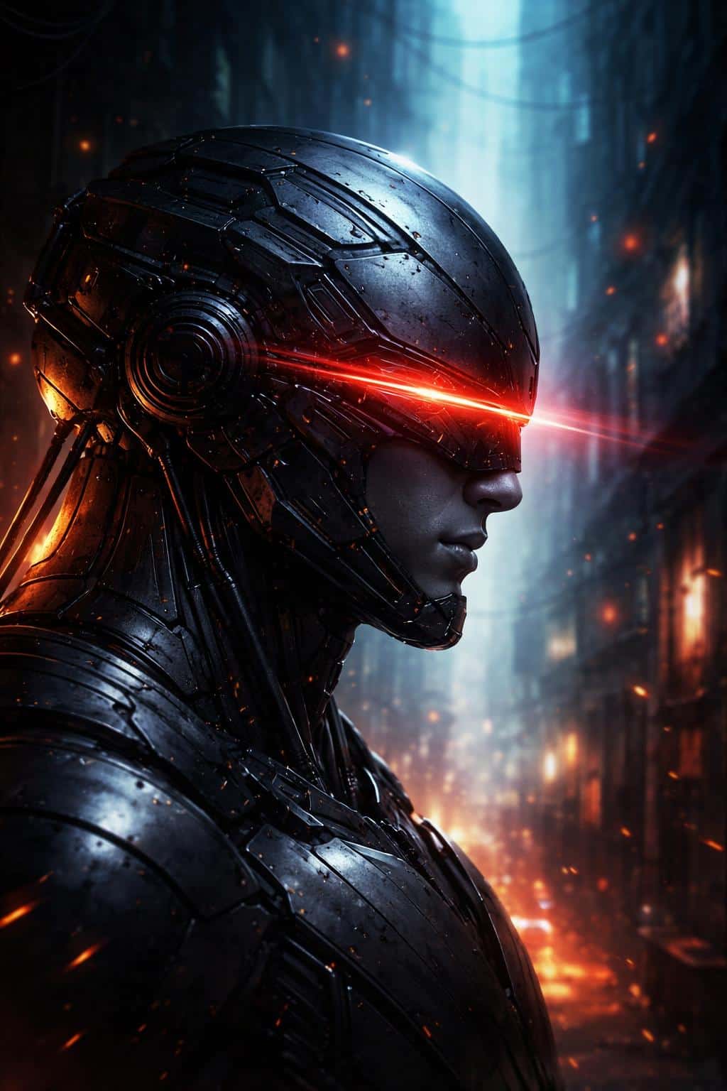 Close-up cybernetic portrait in a neon-noir city rendered as a dramatic digital painting for a poster-cover, preserving the original 2:3 portrait crop and composition guidance.
