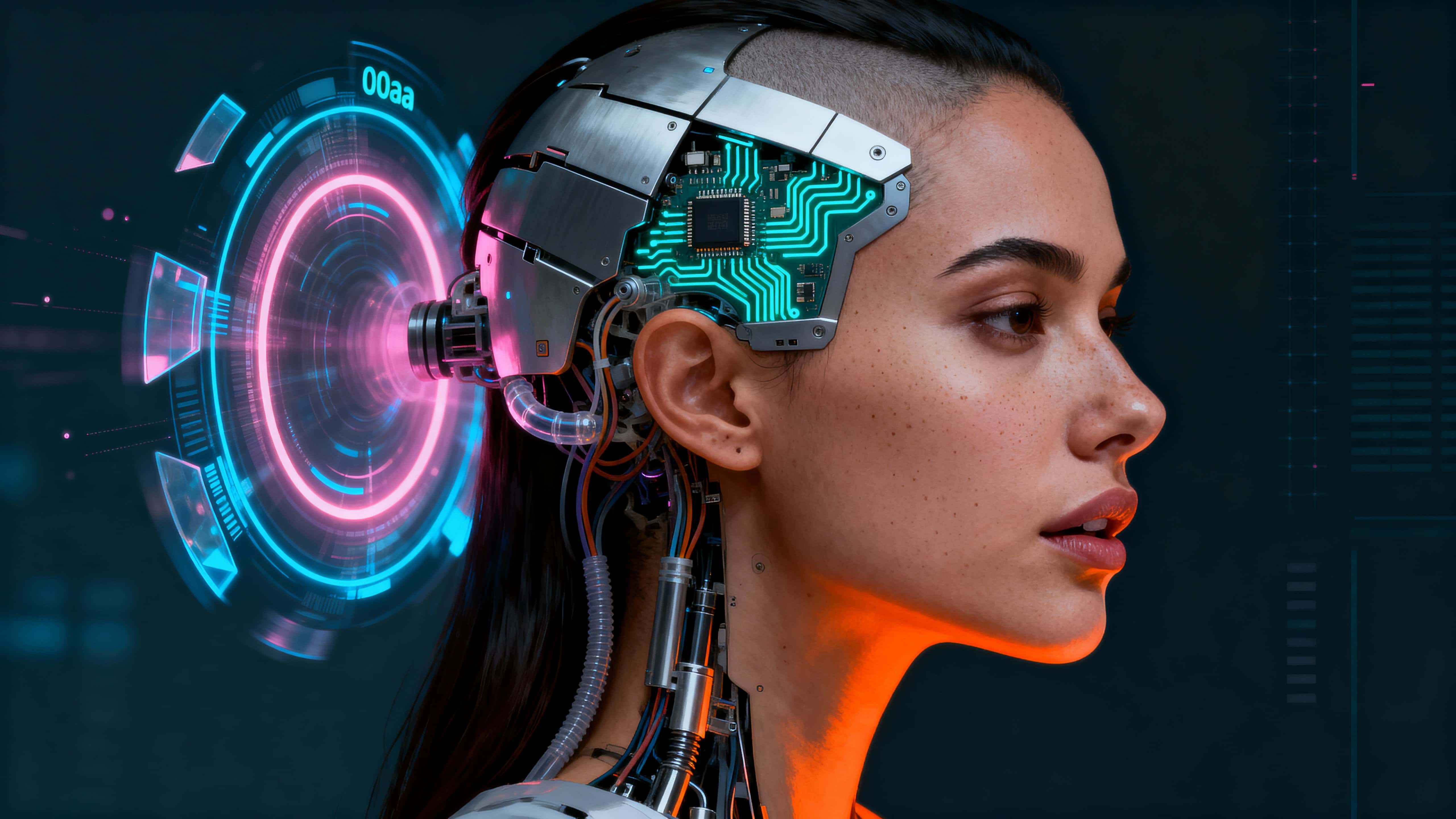 16:9 side-profile digital painting of a human woman fused with advanced cybernetic skull machinery, warm orange and cool blue internal lights.