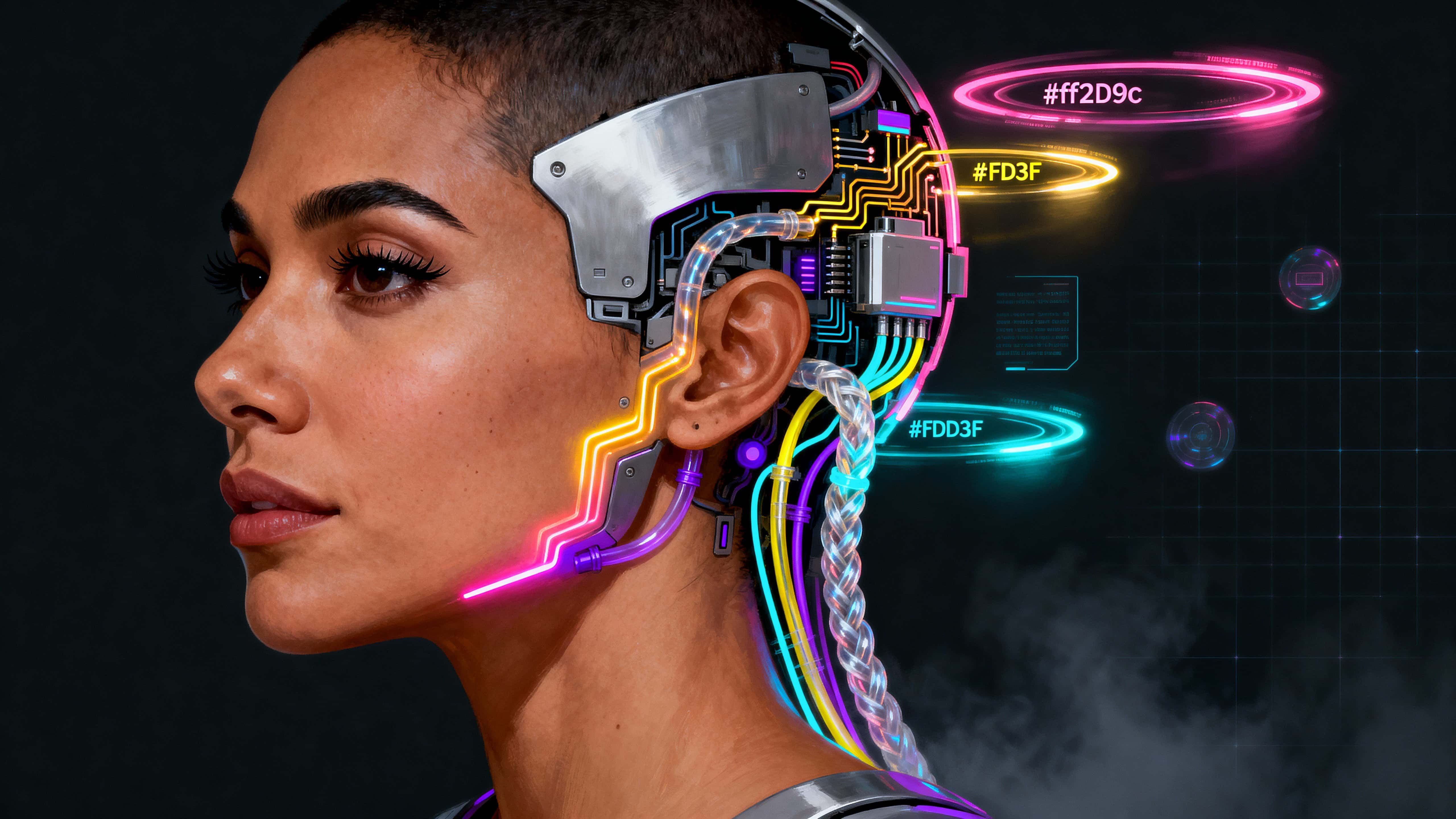 16:9 digital portrait of a woman in side profile merging human realism with exposed cybernetic engineering, neon pink/yellow/blue glow.