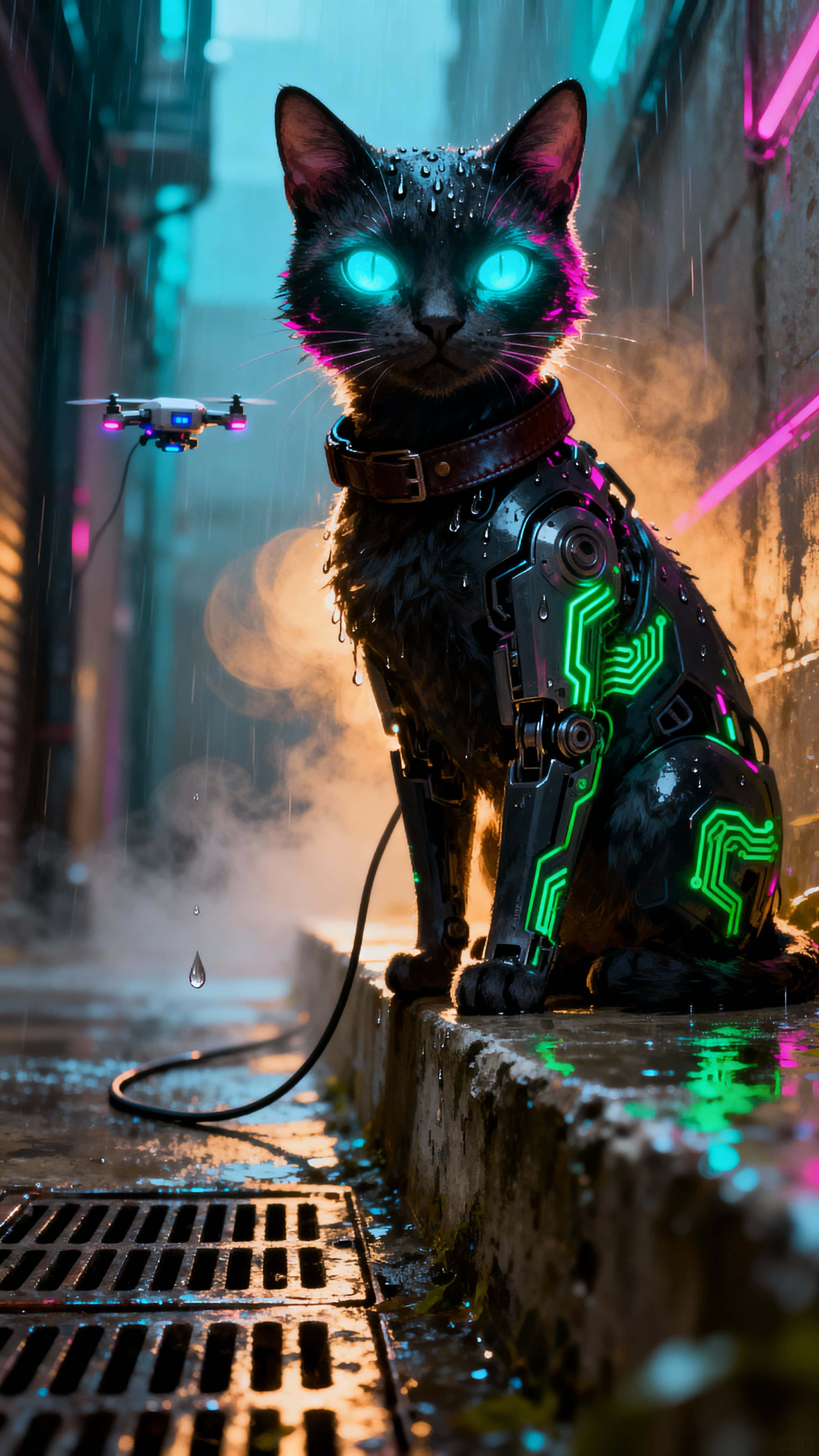 A vertical cyberpunk portrait of a sleek urban cat with luminous bioluminescent eyes perched on a rain-slick ledge, framed for dramatic 9:16 display with neon reflections and tight crop for mood and detail.
