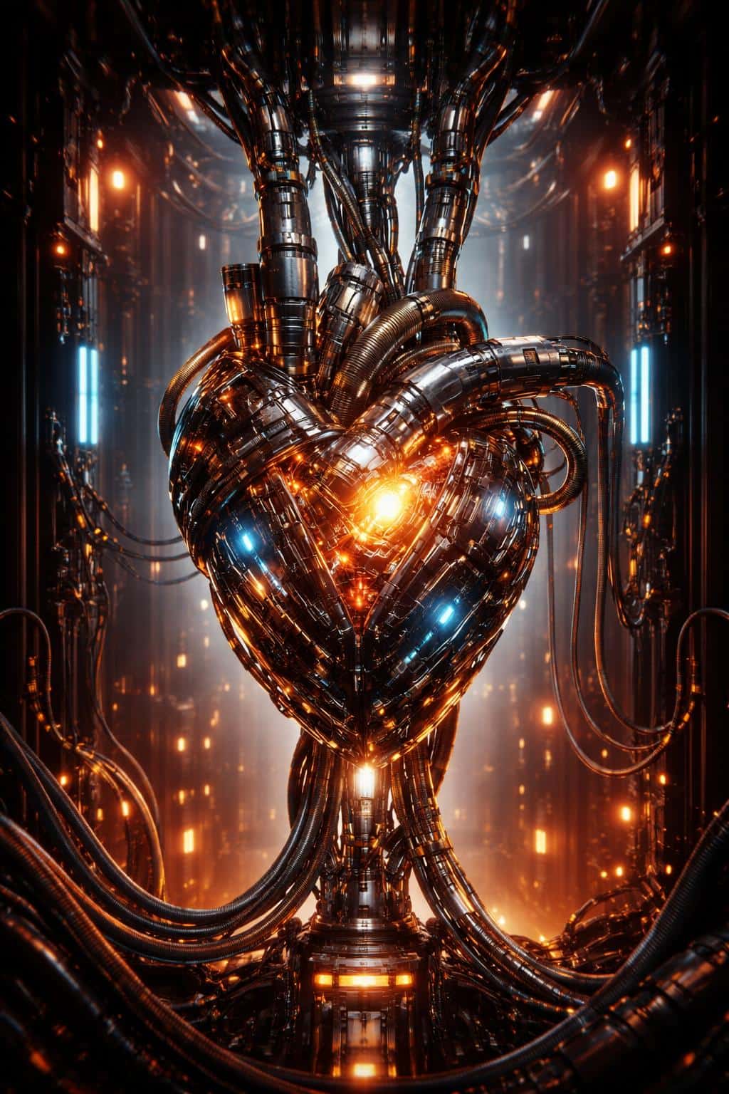 A vertical 2:3 3D render of an intricate mechanical heart in a glass chamber, brass and chrome parts wired with glowing neon cables pulsing in a dark industrial space.