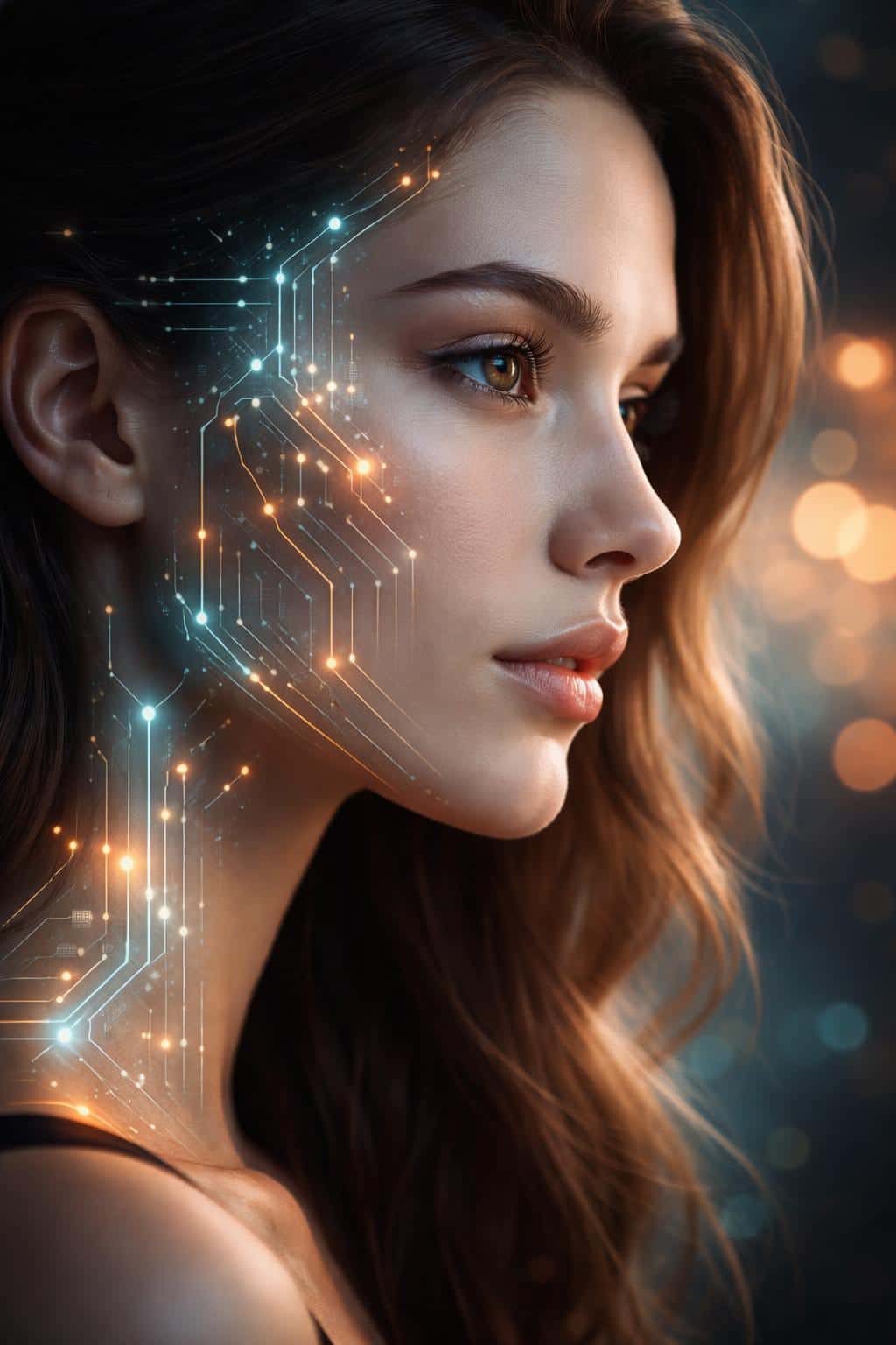 Close-up portrait of a young woman with luminous circuit overlays, photographed and composited as a 2:3 wallpaper-ready image with cinematic bokeh and warm cyan contrast.