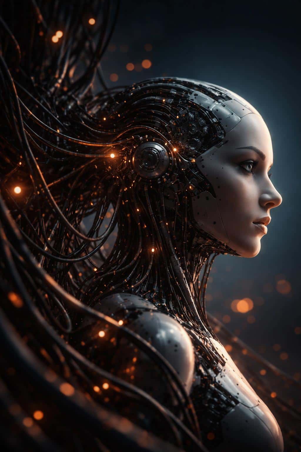 Close-up 3D-render of a cyborg head in profile with warm orange highlights and tangled wiring, conceived as a moody wallpaper composition for vertical display.