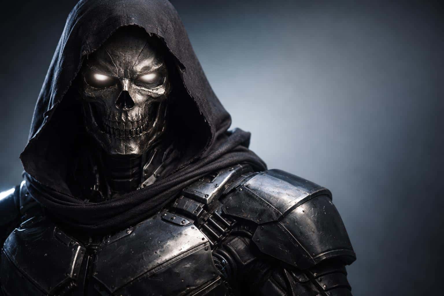 A dark, cinematic 3D-render portrait of a hooded cyborg skull in a 3:2 crop, reproduced with faithful composition, lighting, and material detail for a poster-cover use.