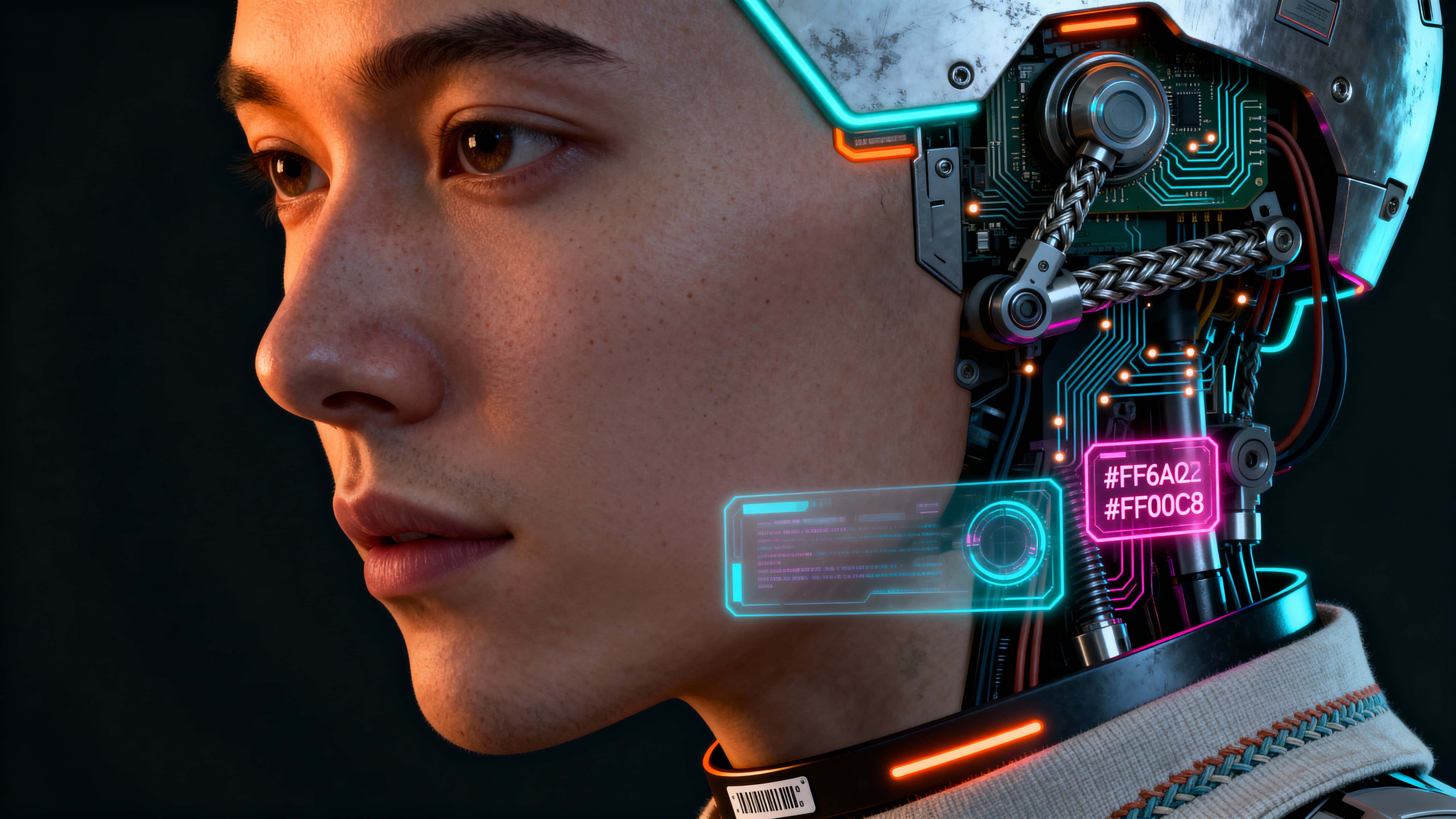 A 16:9 digital portrait of a female human-cyborg in profile, blending soft realism with exposed neon-lit robotics for a high-tech, dramatic mood.