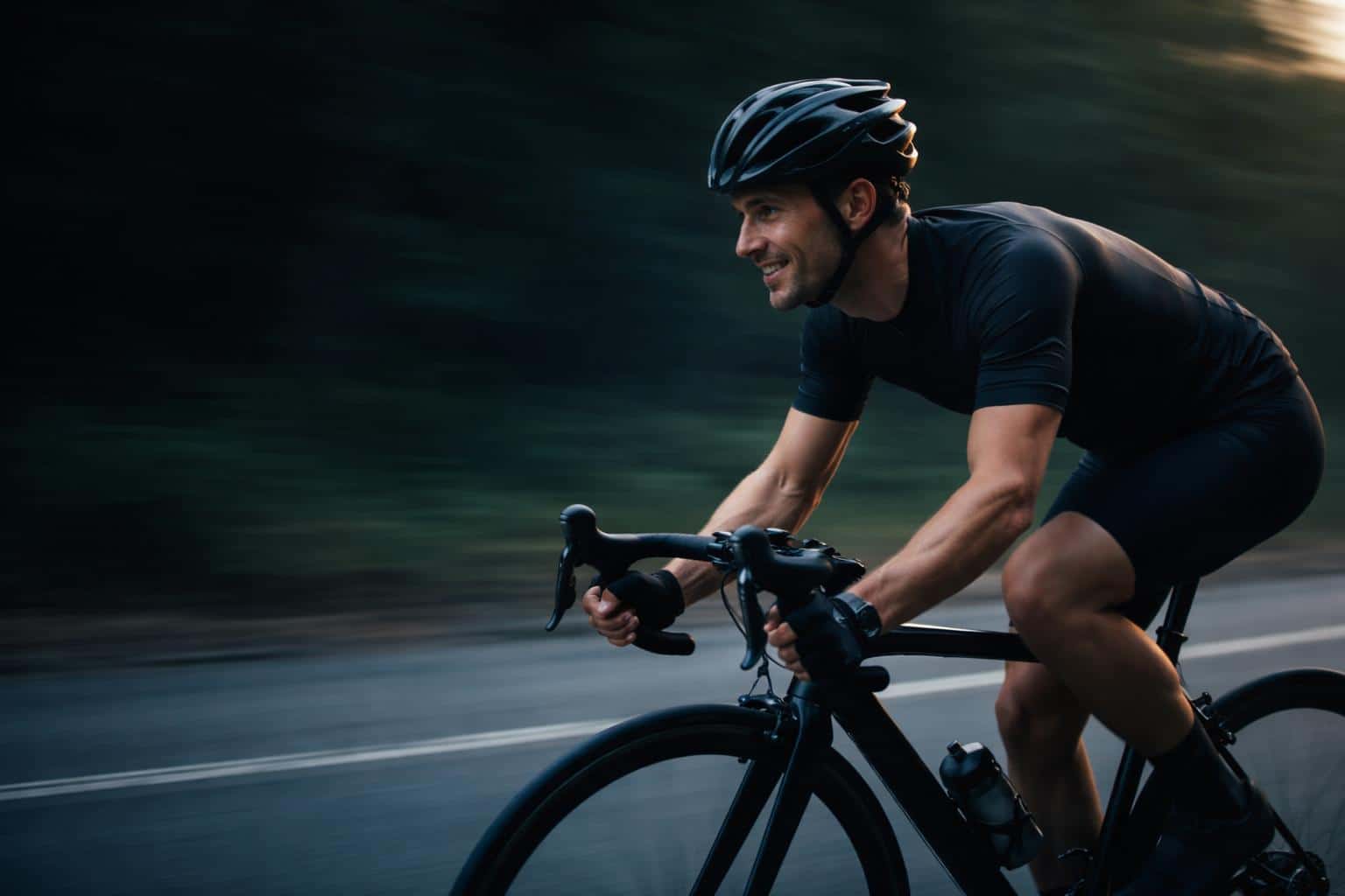 Wide 3:2 cinematic editorial photo of a smiling thirtysomething cyclist in side-profile, panned sharp against streaked lateral blur with cool slate-blue and deep-teal tones and warm amber rim light.