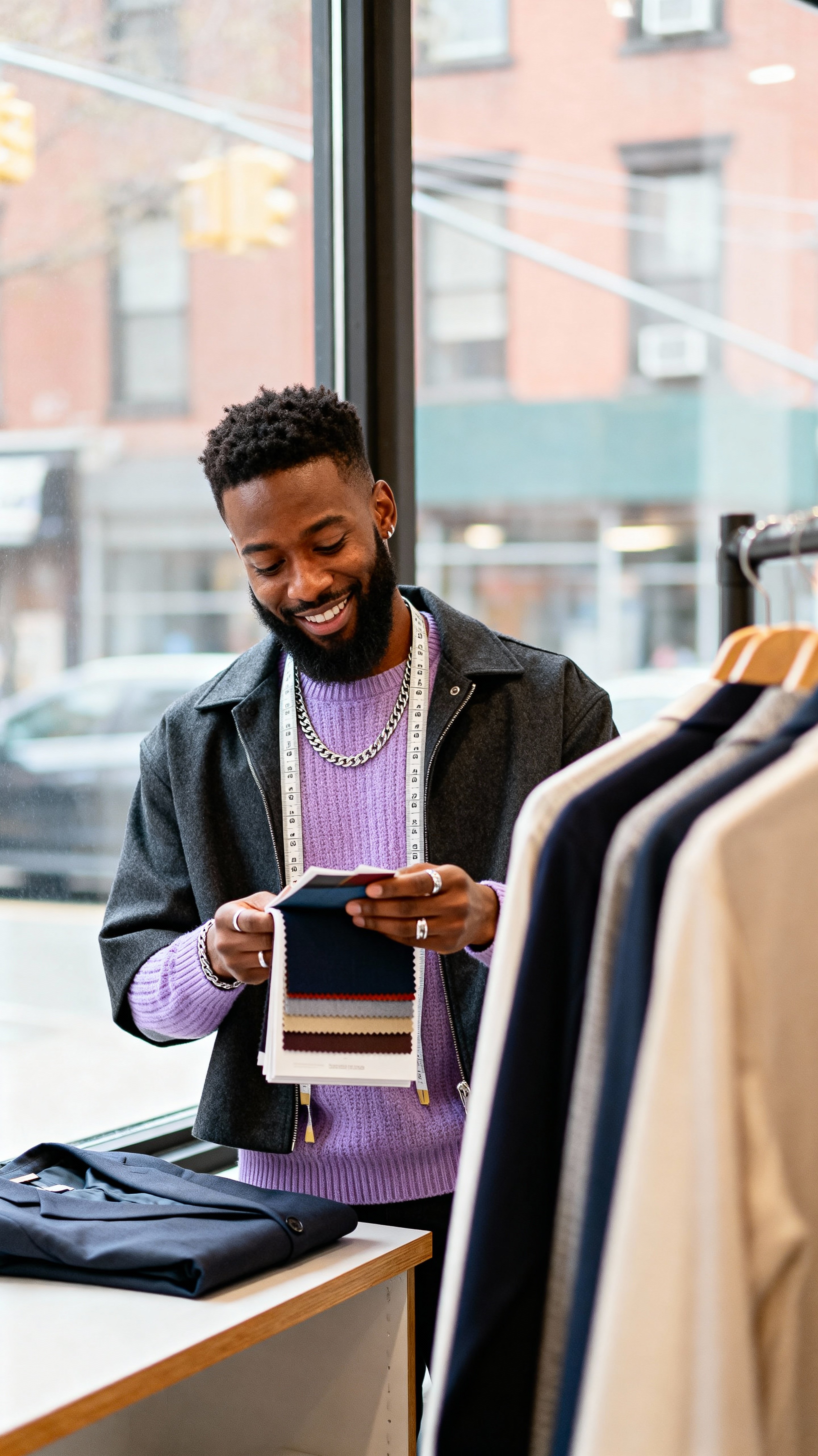 Darius checks fabric swatches at a Brooklyn storefront in a half-body crop, wearing a charcoal jacket and lilac knit, warm deep-brown skin, silver chain, cream counter and muted teal window.