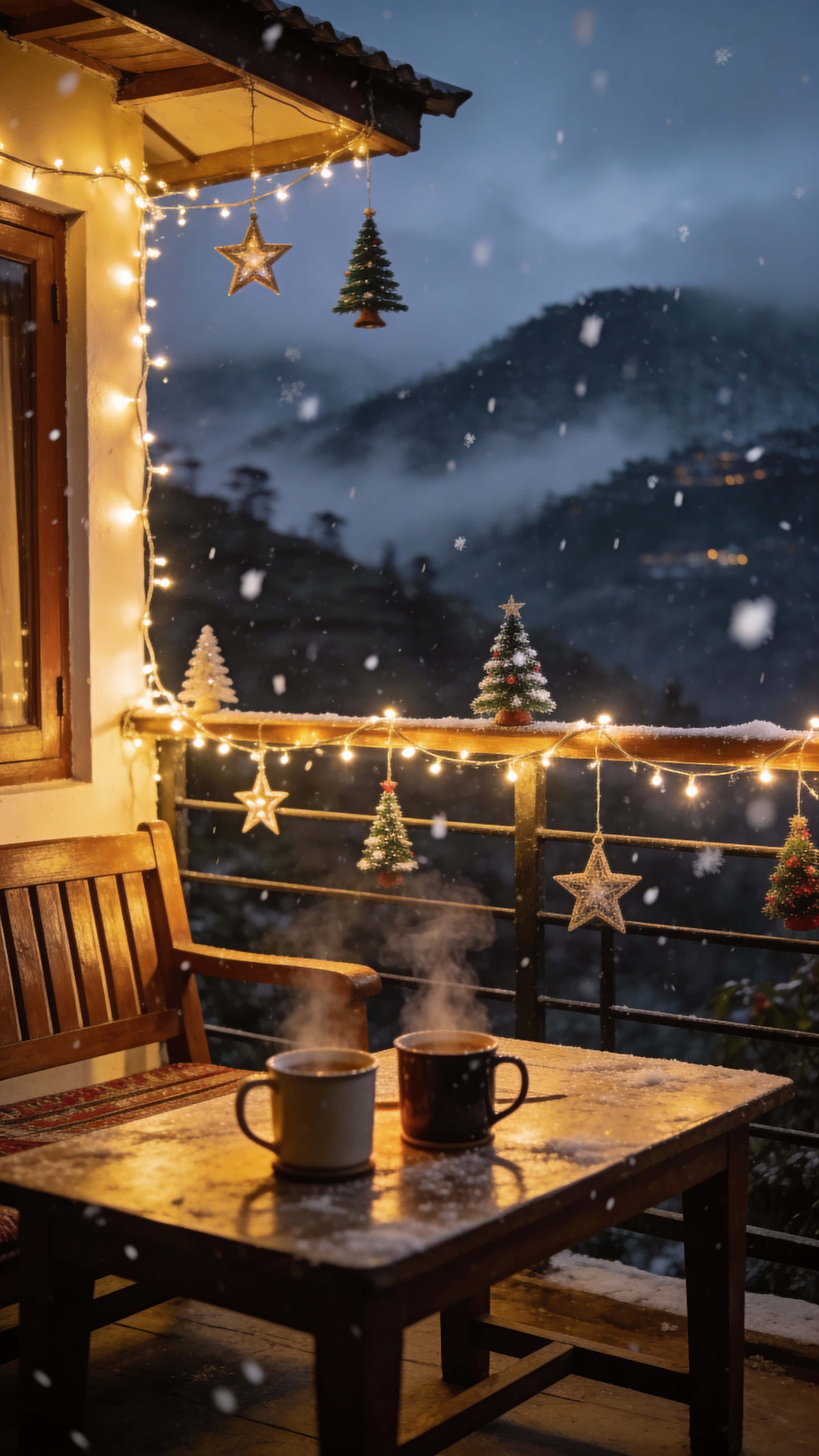 A cozy Darjeeling homestay terrace at night, strung with warm fairy lights and small Christmas decorations, wooden furniture holding hot drinks, misty hills beyond and gentle snowfall.