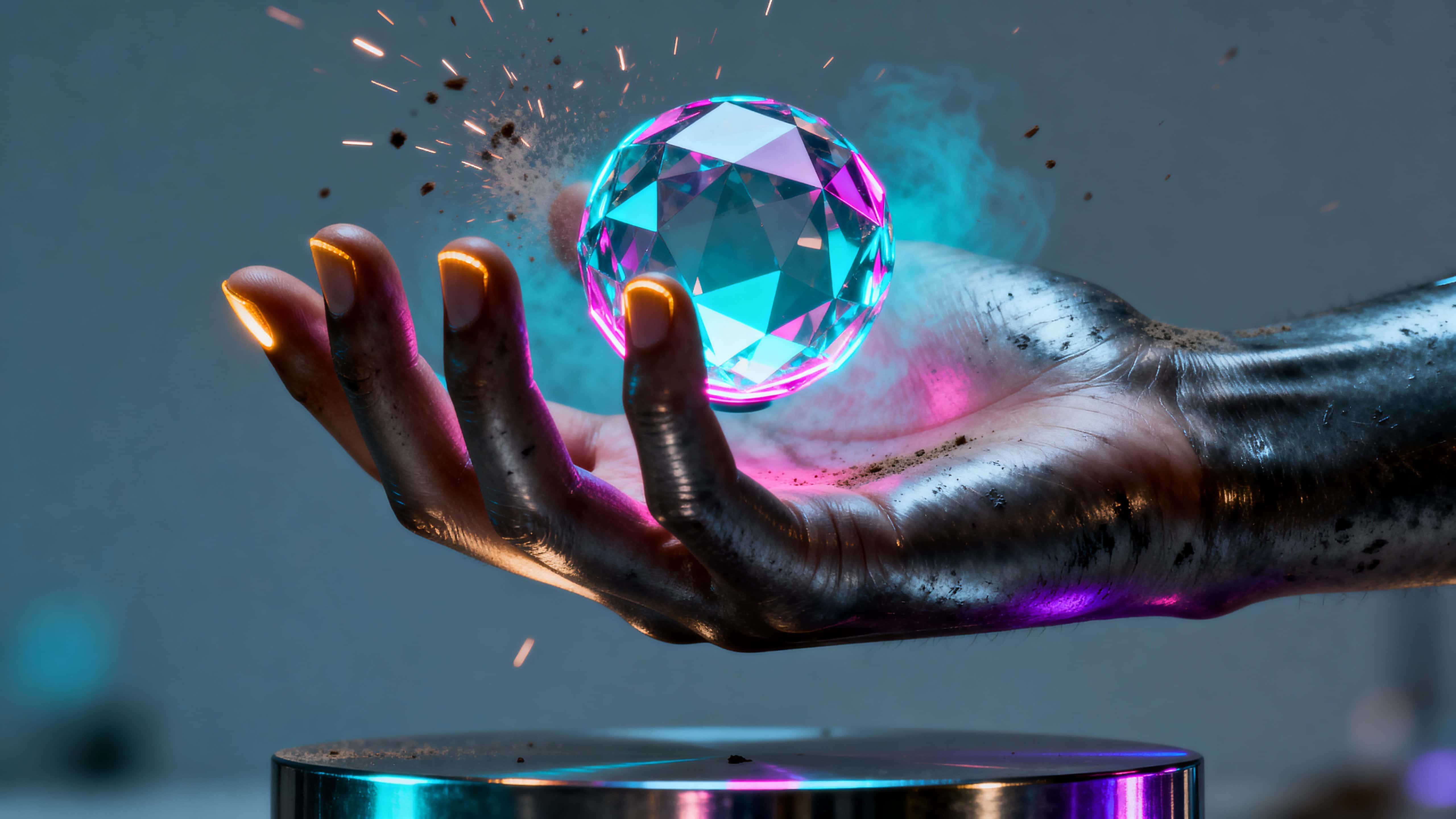 A dark metallic hand suspends a levitating neon crystal sphere above a minimal reflective plinth in a moody 16:9 scene, with cool cyan and warm magenta glow defining form and depth.