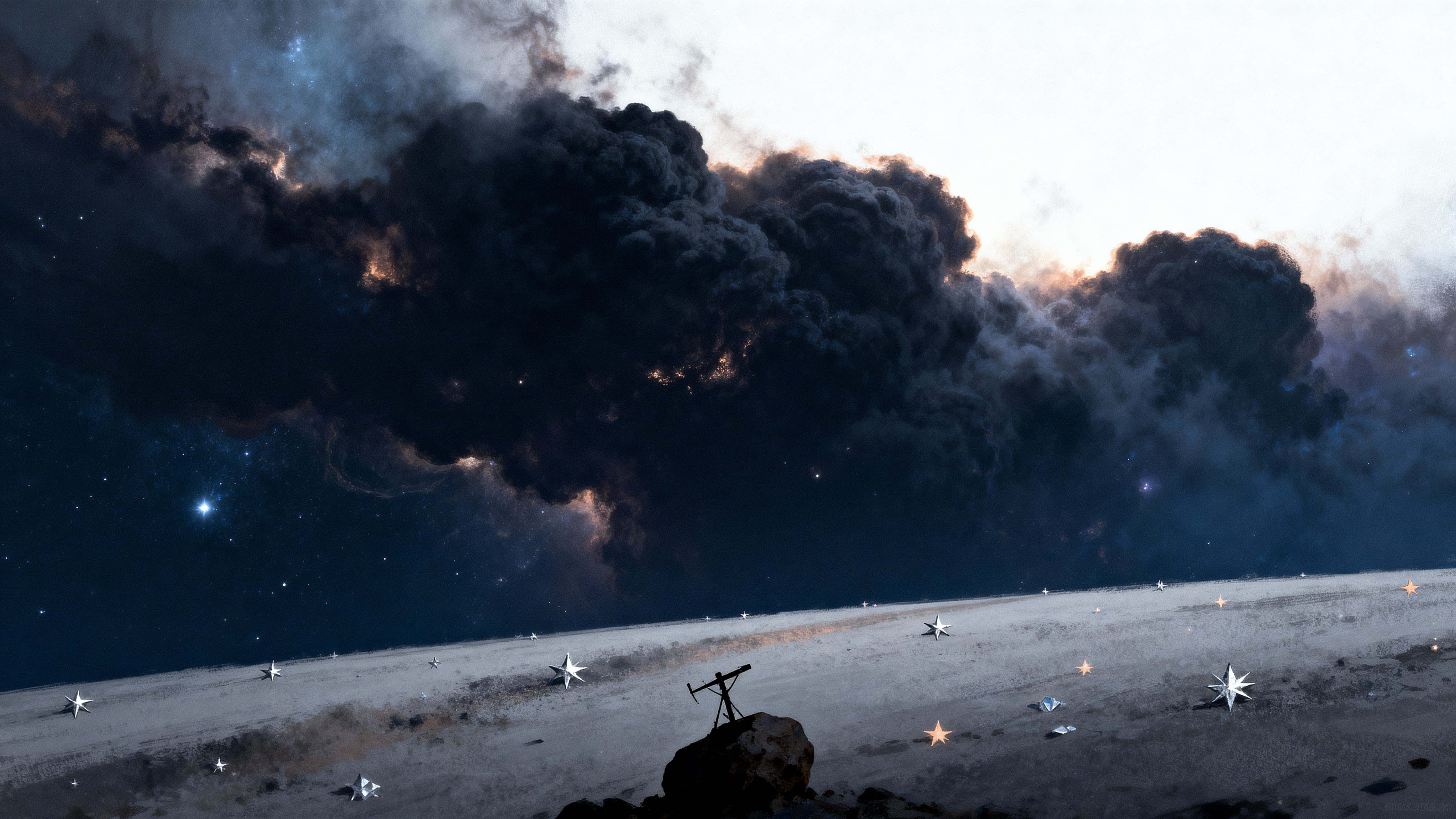 A low-contrast cinematic view of a dark nebula with soft backlit edges and sparse foreground stars, creating a moody, tactile sense of depth and vast scale within a 16:9 frame.