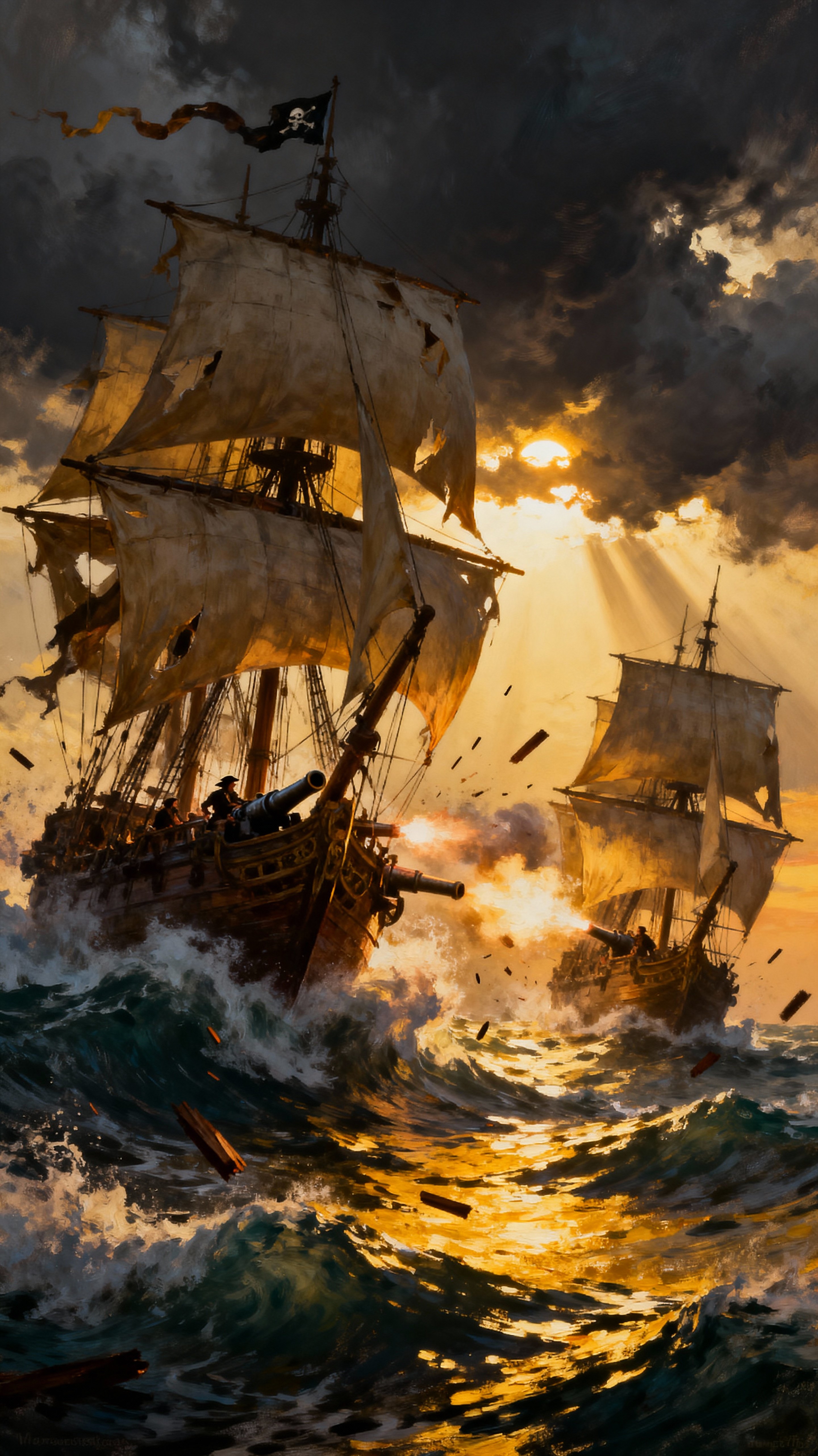 A dramatic, artistic depiction of a stormy ocean at dawn featuring an intense pirate ship battle. Towering dark clouds churn above as the sun struggles to pierce the sky, casting scattered golden shafts and reflections across turbulent, ch6